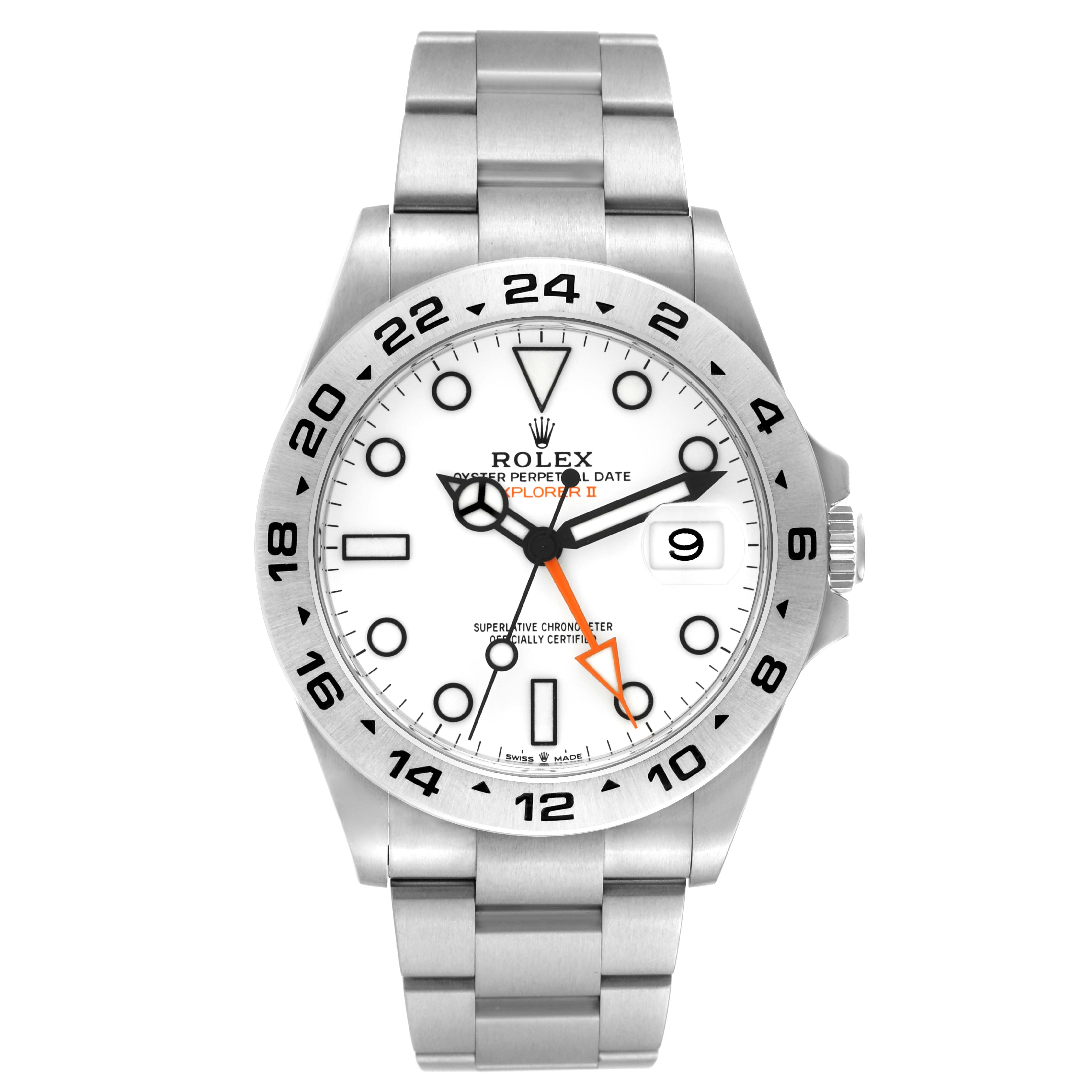 The image shows the front view of a Rolex Explorer 226570 Men's Stainless Steel White Dial 226570 Men's Stainless Steel White Dial watch, displaying its face, bezel, and bracelet.