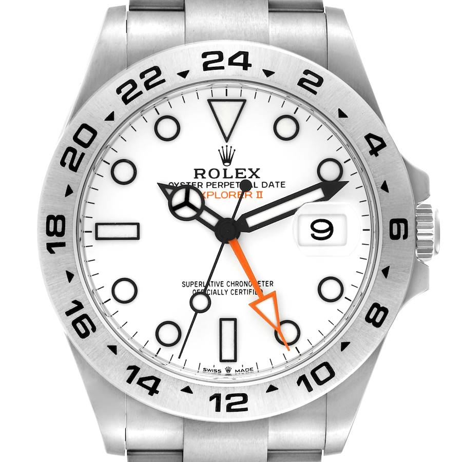 The image shows a front angle view of the Rolex Explorer II watch, highlighting its dial, bezel, and bracelet.