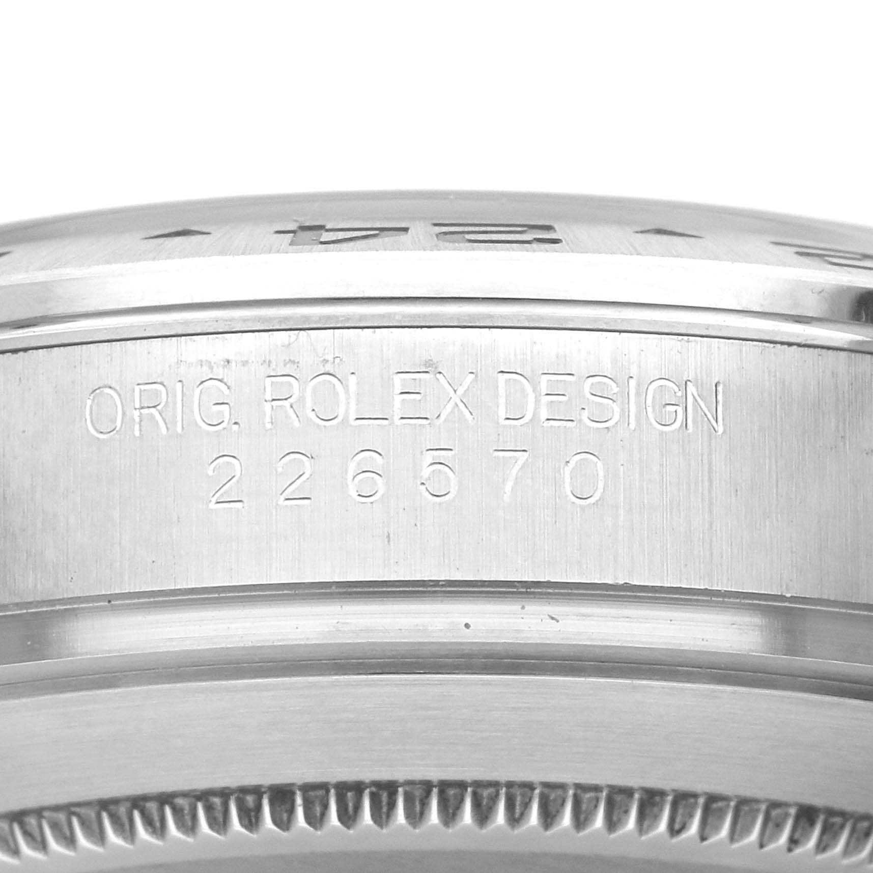 The image shows a close-up of the case side of a Rolex Explorer 226570 Men's Stainless Steel White Dial 226570 Men's Stainless Steel White Dial, highlighting the engraved model number 226570.