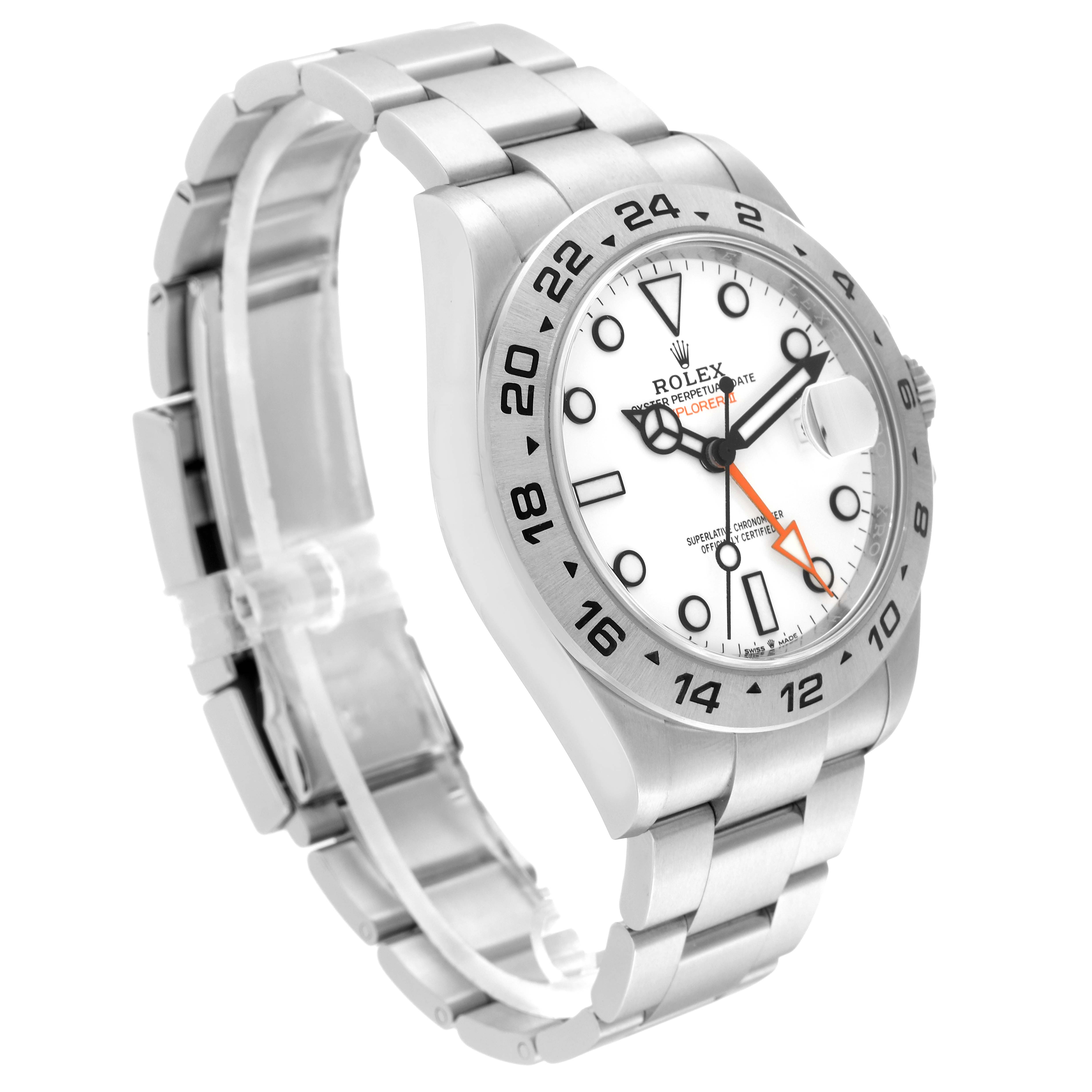 This image shows a side and front view of the Rolex Explorer 226570 Men's Stainless Steel White Dial 226570 Men's Stainless Steel White Dial, highlighting its dial, bezel, and stainless steel bracelet.
