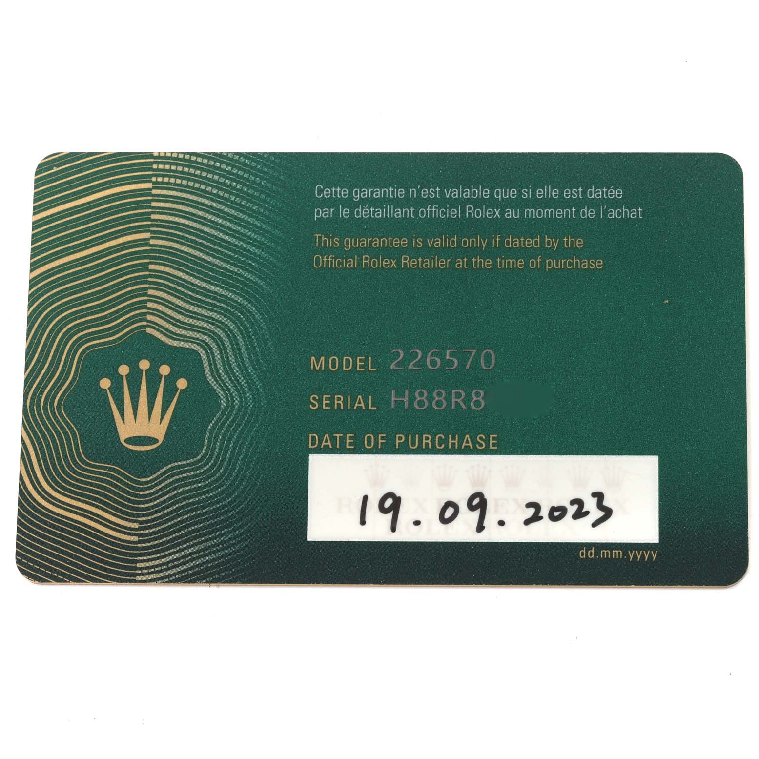 This image shows a Rolex warranty card for the Explorer model 226570 with the purchase date of 19.09.2023.