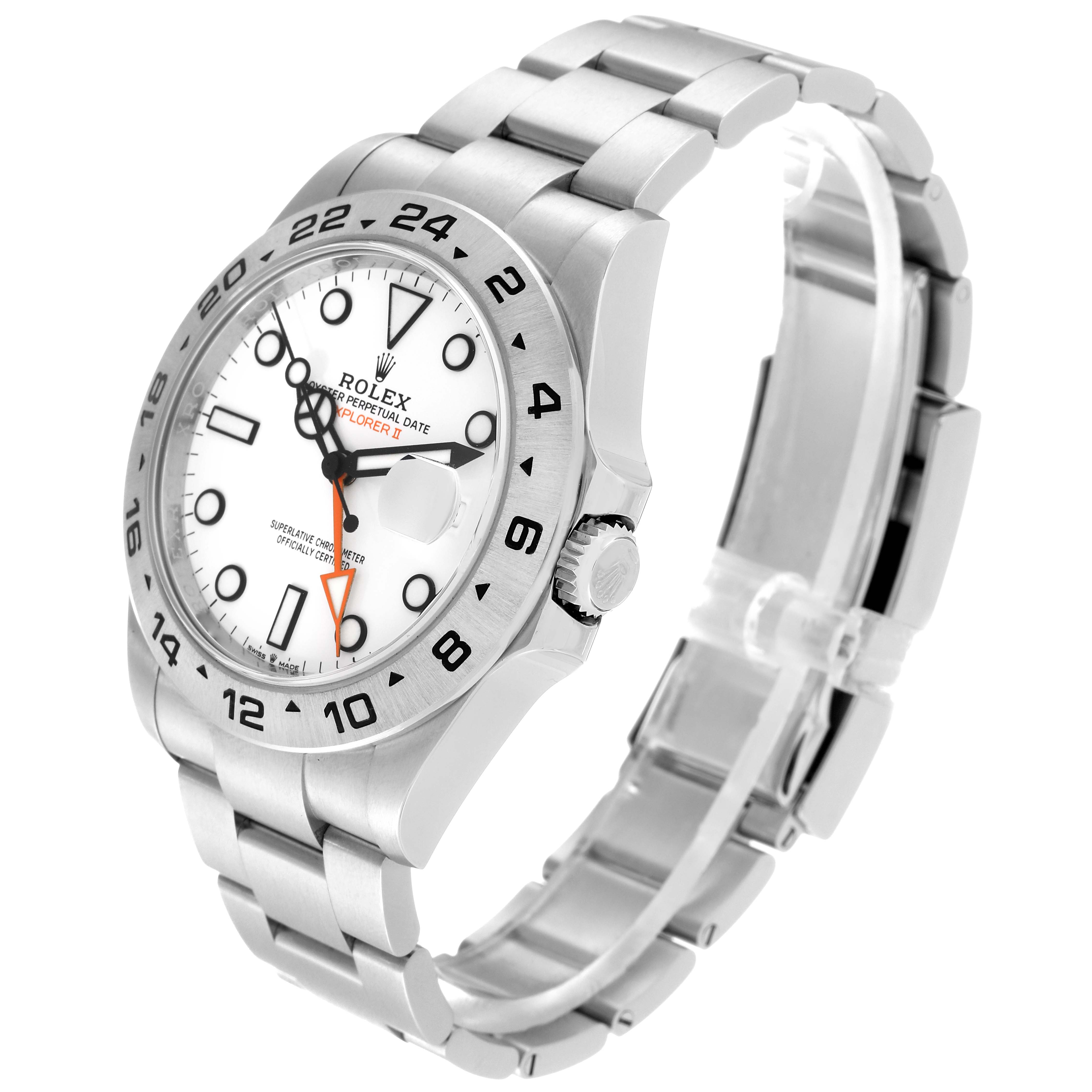 The Rolex Explorer 226570 Men's Stainless Steel White Dial 226570 Men's Stainless Steel White Dial watch is shown at an angle highlighting the face, case, crown, and part of the bracelet.