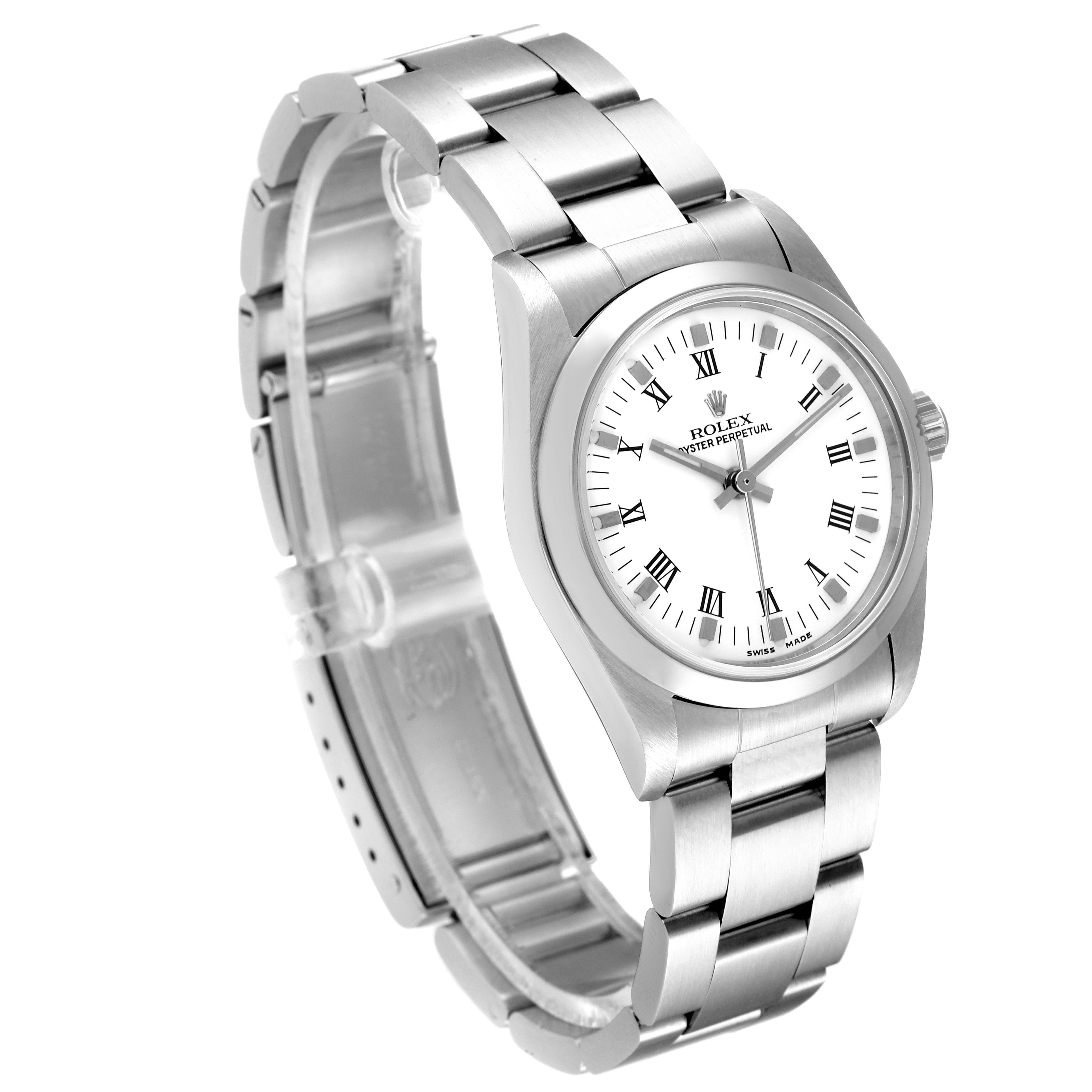 This Rolex Mid-Size 77080 Women
s Stainless Steel White Dial 77080 Women
s Stainless Steel White Dial watch is shown at a slight angle, displaying the face, bezel, bracelet, and partially open clasp.