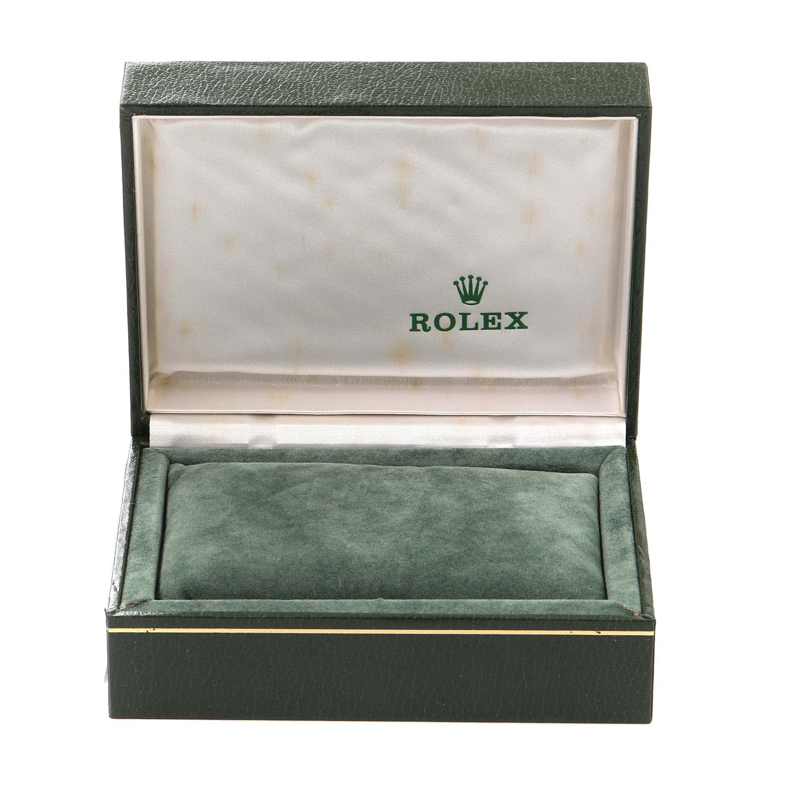 The image shows an open, empty Rolex watch box for a Mid-Size model, displaying the brand logo inside the lid.