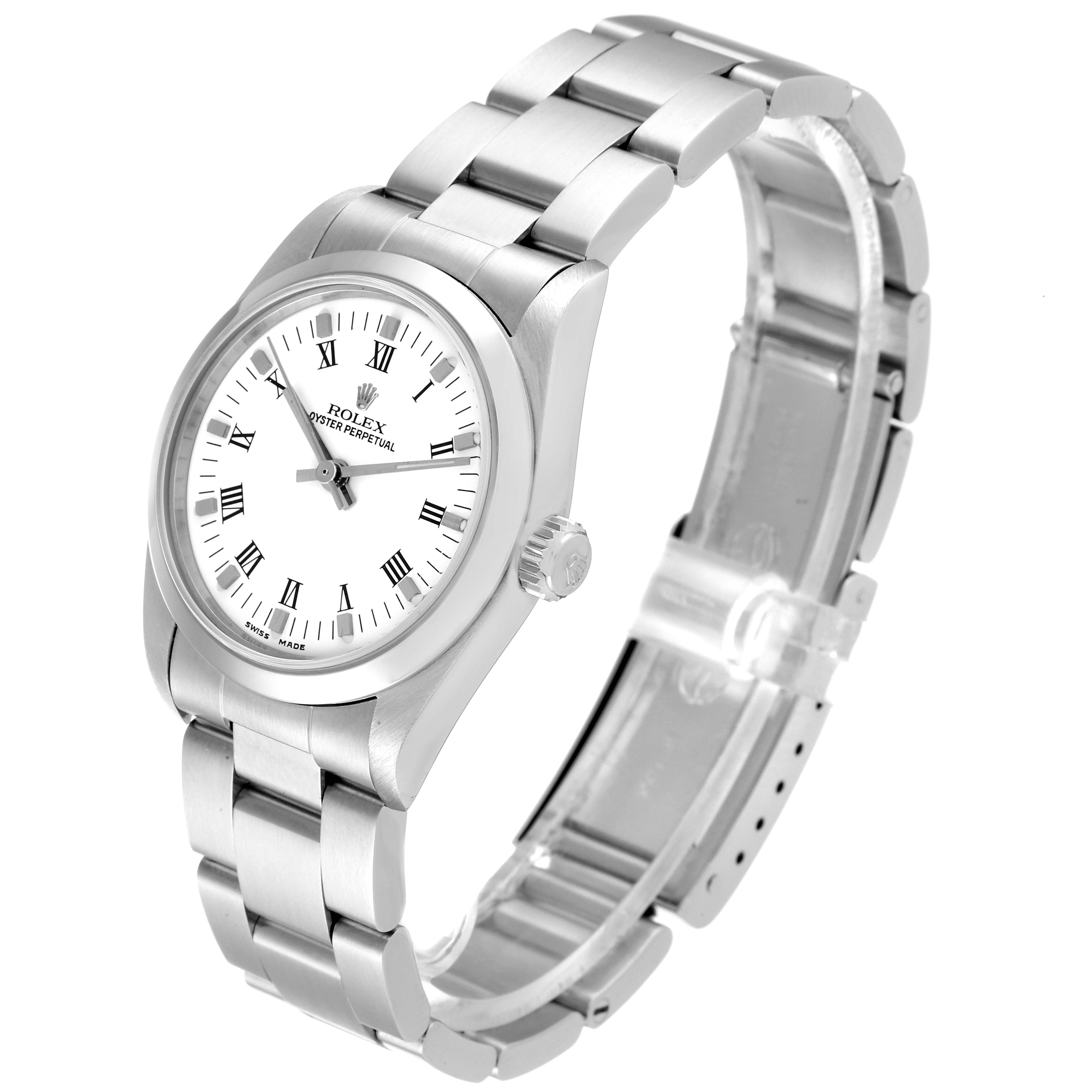 This Rolex Mid-Size 77080 Women
s Stainless Steel White Dial 77080 Women
s Stainless Steel White Dial watch is shown at an angle, highlighting the face, bracelet, and clasp.