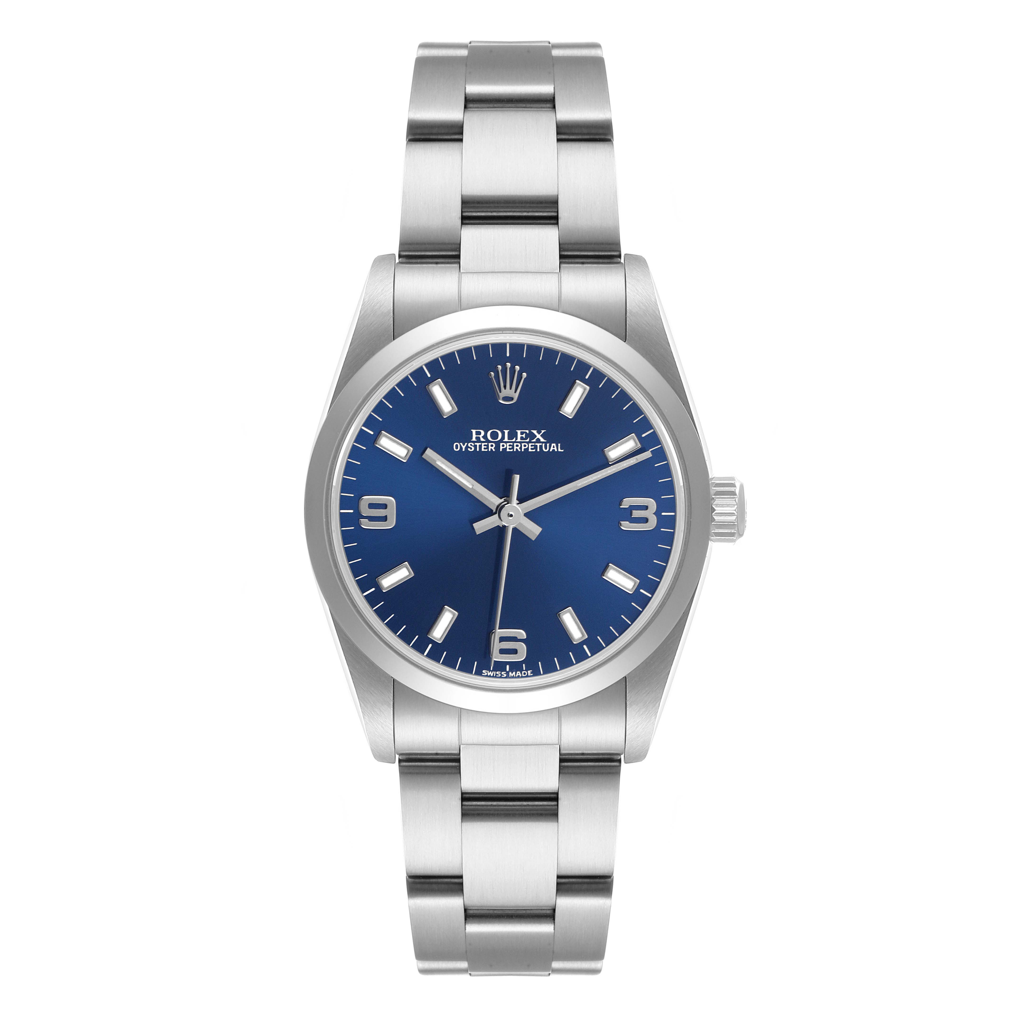 The image shows a frontal view of a Mid-Size Rolex Oyster Perpetual watch with a blue dial and silver bracelet.
