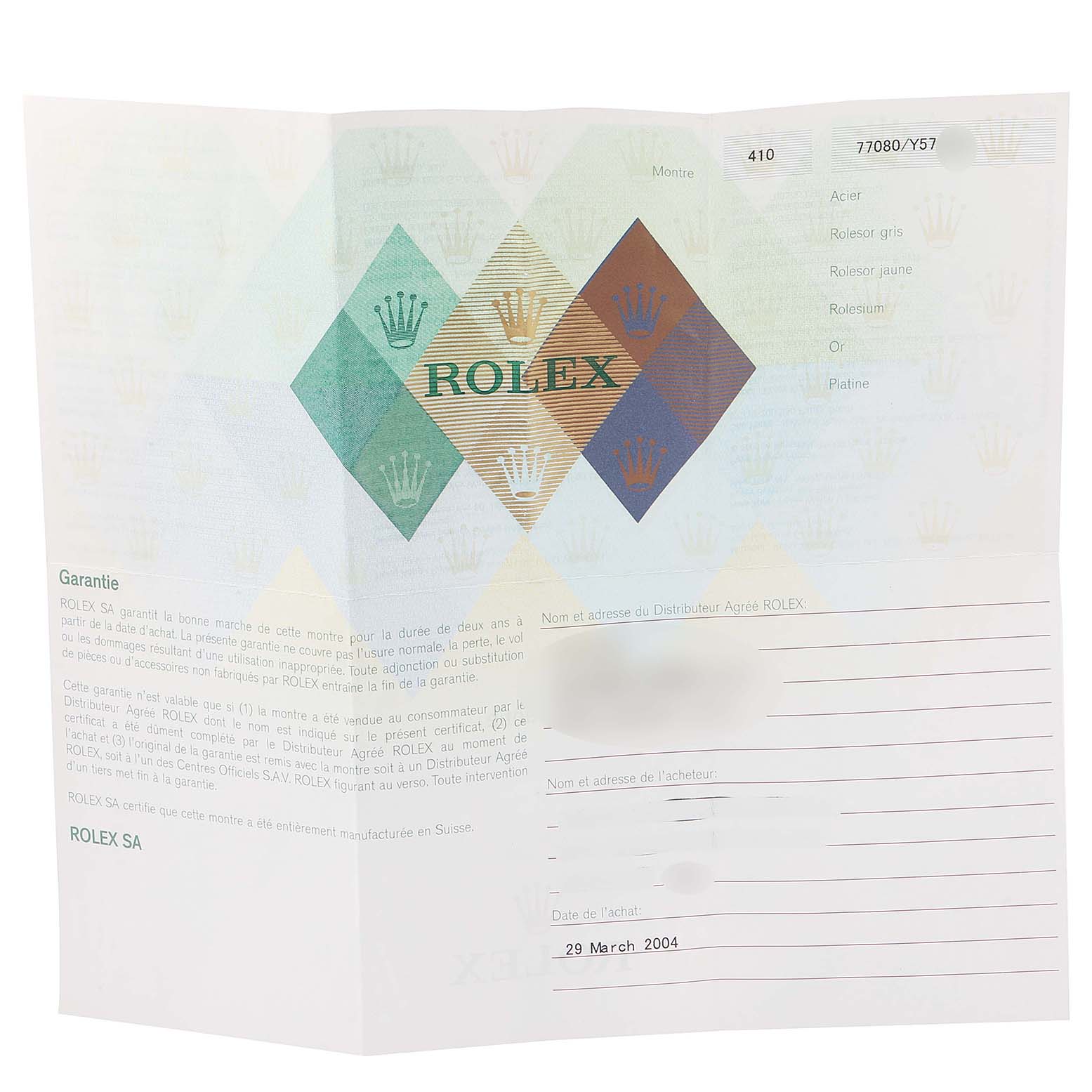 The image shows a warranty card for a Mid-Size Rolex watch with the brand logo visible.