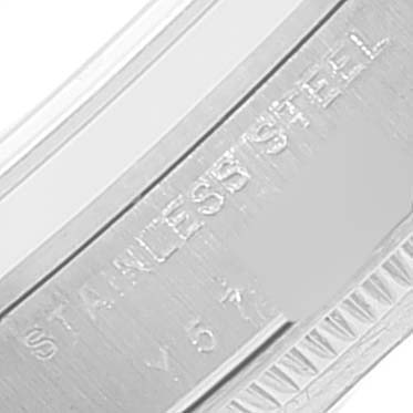 The image shows a close-up of the stainless steel case back engraving on a Rolex Mid-Size 77080 Women's Stainless Steel Blue Dial 77080 Women's Stainless Steel Blue Dial model watch.