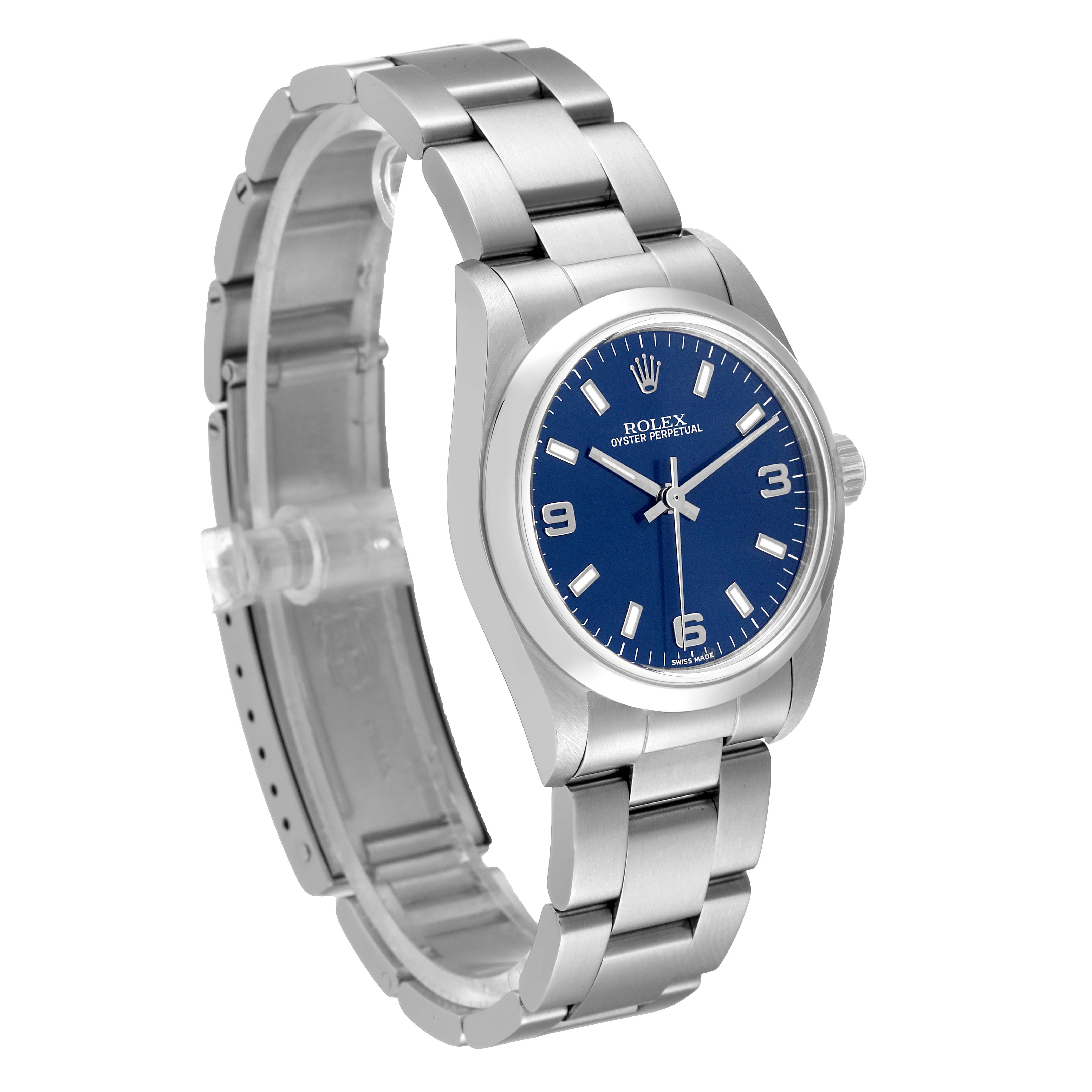 The image shows a side angle of a Rolex Mid-Size 77080 Women's Stainless Steel Blue Dial 77080 Women's Stainless Steel Blue Dial Oyster Perpetual watch, highlighting its blue dial and stainless steel bracelet.
