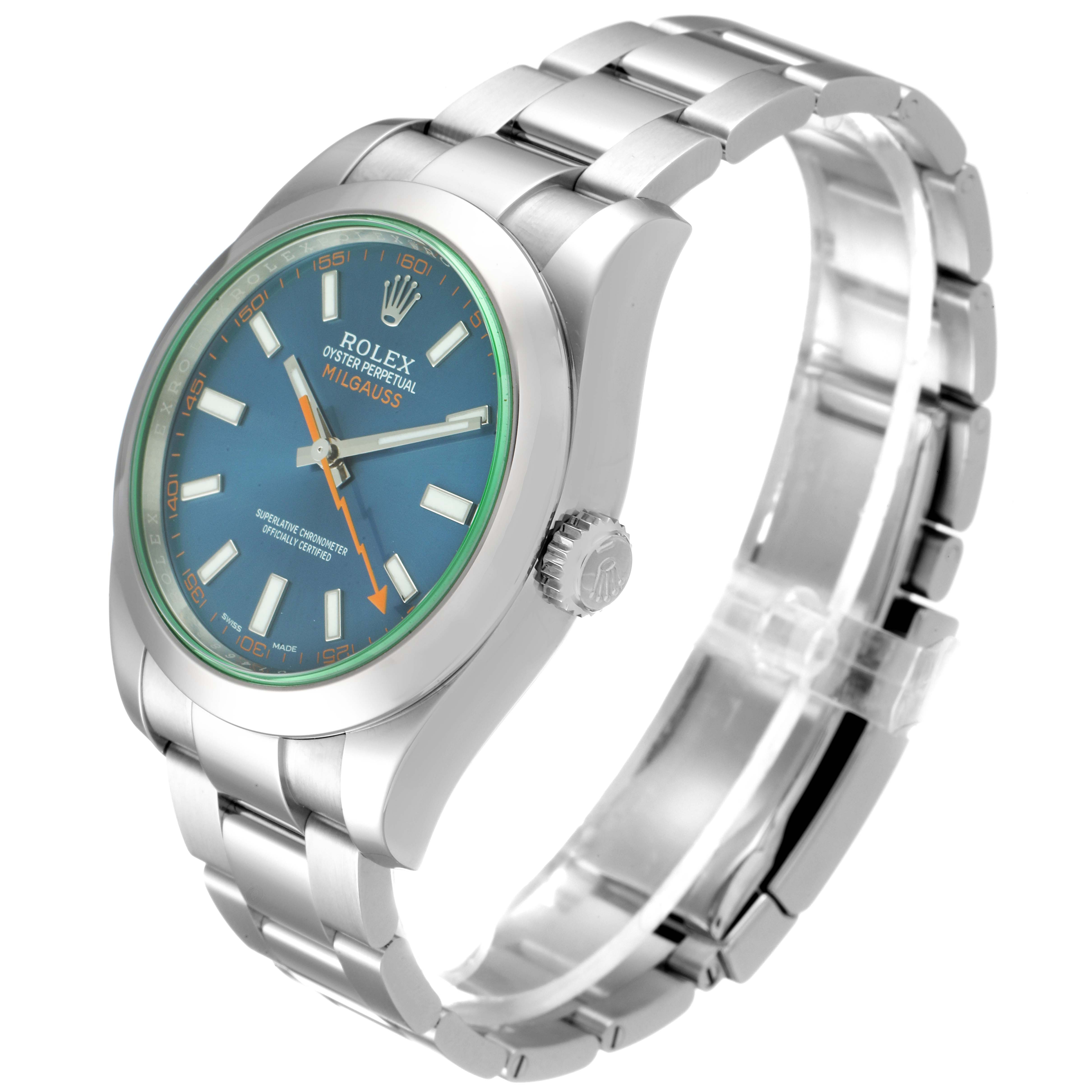 This Rolex Milgauss 116400GV Men
s Stainless Steel Blue Dial 116400GV Men
s Stainless Steel Blue Dial watch is shown at a three-quarter angle, highlighting its blue dial, case, and stainless steel bracelet.