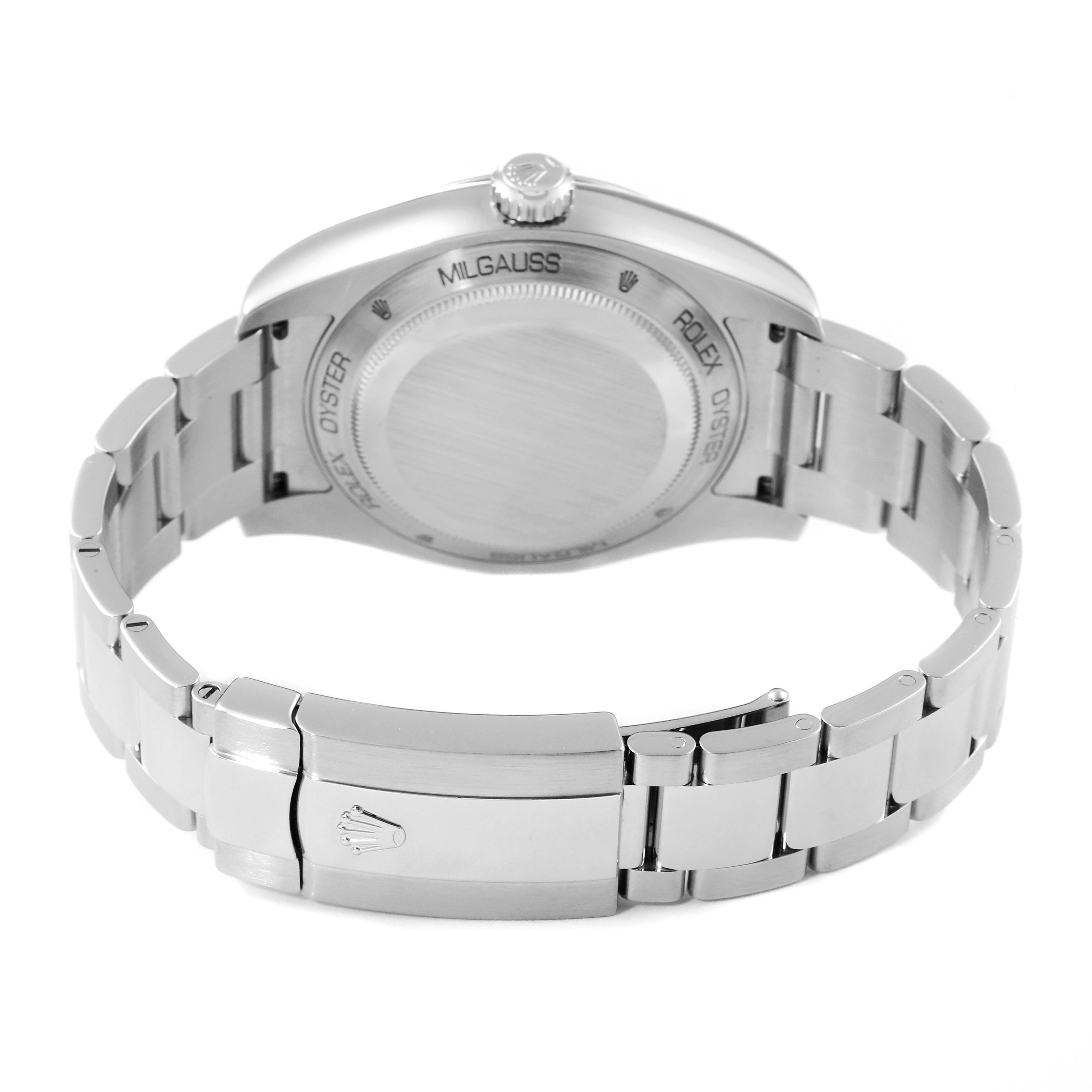 The image shows the back view of a Rolex Milgauss 116400GV Men
s Stainless Steel Blue Dial 116400GV Men
s Stainless Steel Blue Dial watch, highlighting the case back, crown, and the stainless steel bracelet with a clasp.