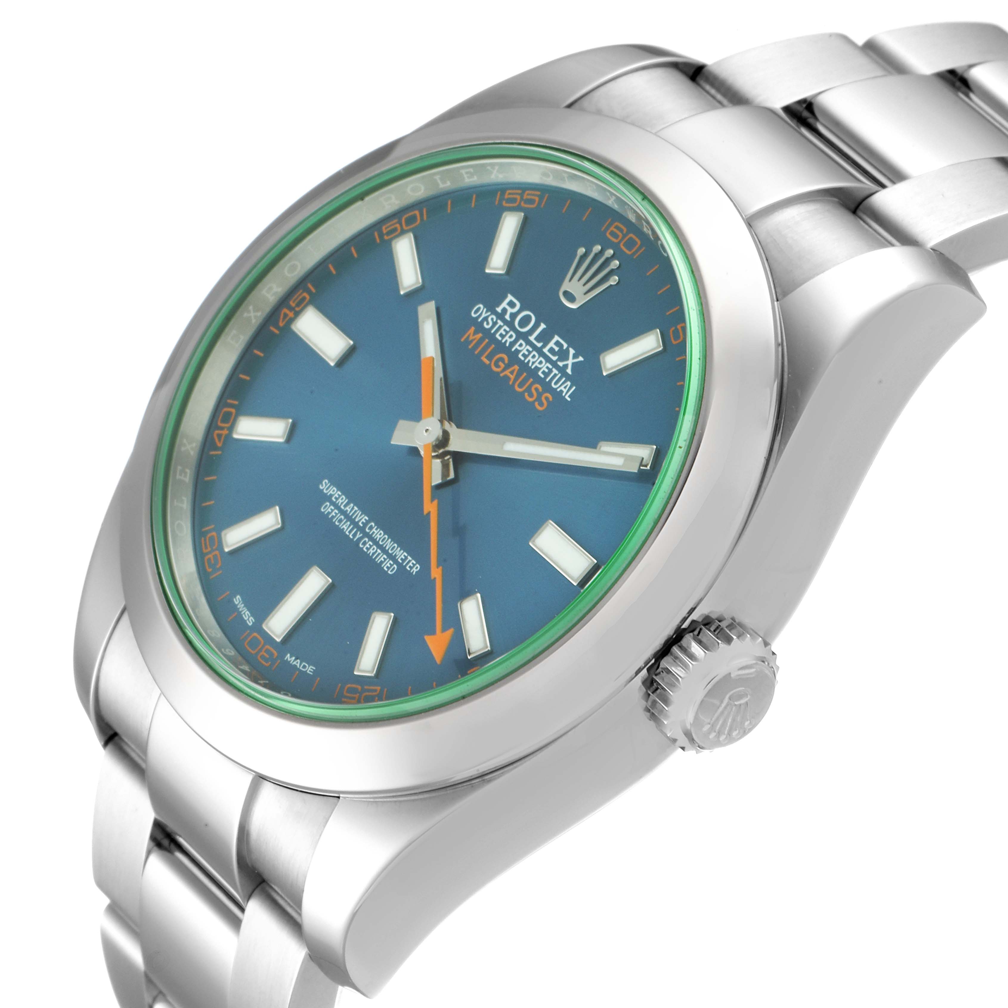 The image shows a Rolex Milgauss 116400GV Men
s Stainless Steel Blue Dial 116400GV Men
s Stainless Steel Blue Dial watch from an angled side view, highlighting the blue dial, hour markers, hands, crown, and part of the bracelet.