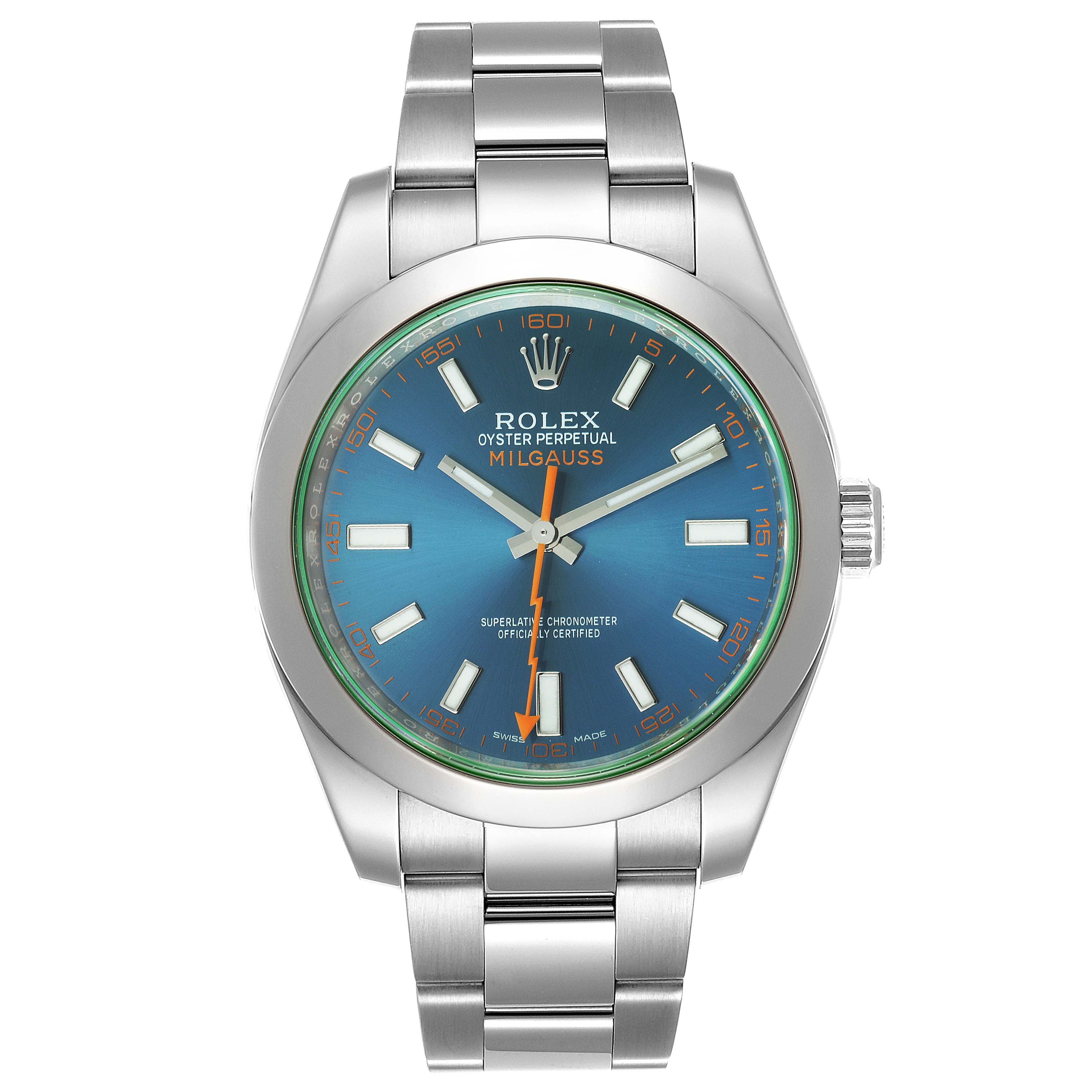 The image shows a frontal view of the Rolex Milgauss 116400GV Men
s Stainless Steel Blue Dial 116400GV Men
s Stainless Steel Blue Dial watch, displaying its face, dial, and stainless steel bracelet.