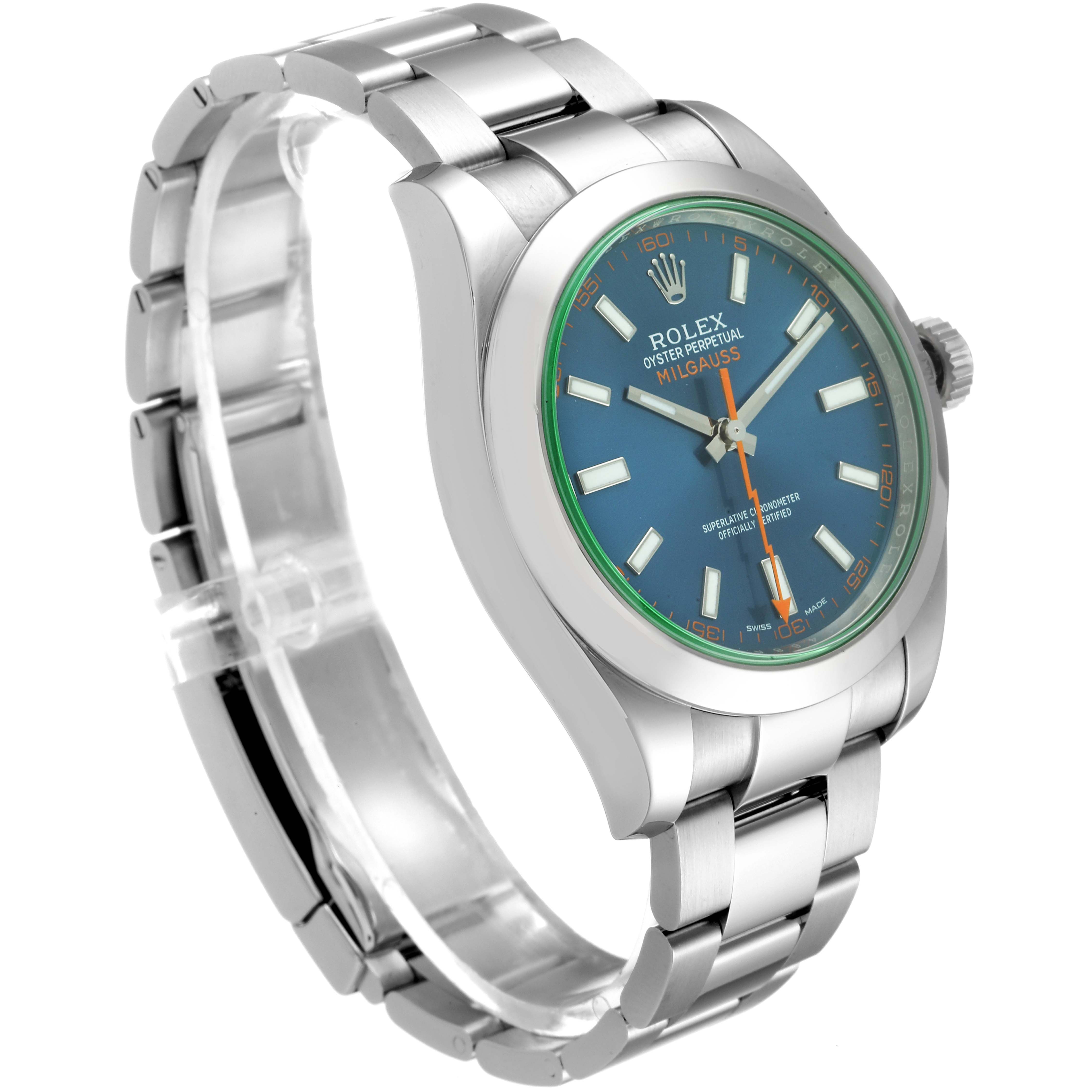 The image shows a Rolex Milgauss 116400GV Men
s Stainless Steel Blue Dial 116400GV Men
s Stainless Steel Blue Dial watch at a right side angle, displaying its blue dial, green bezel, and stainless steel bracelet.
