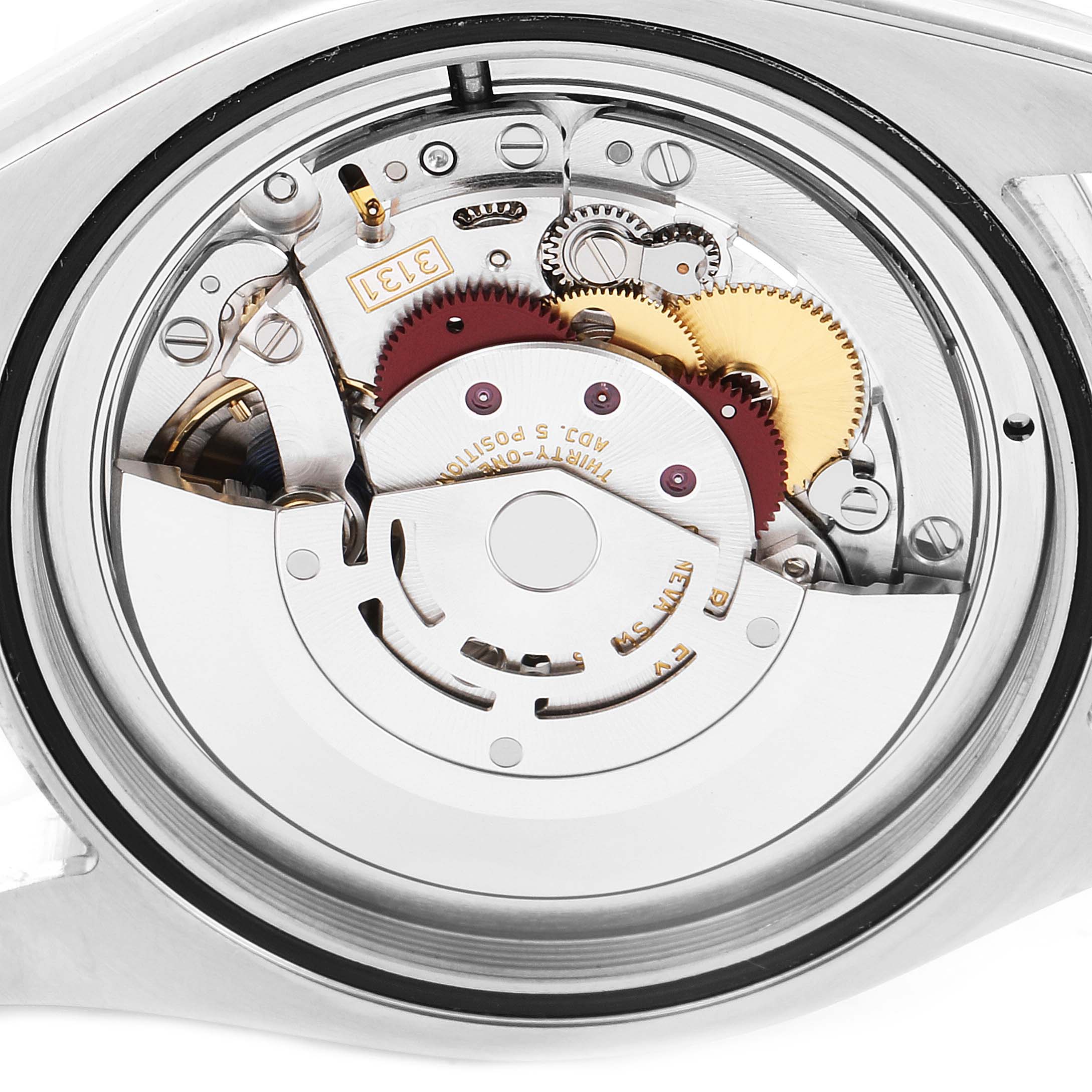 This image shows a close-up, detailed view of the mechanical movement inside a Rolex Milgauss 116400GV Men
s Stainless Steel Blue Dial 116400GV Men
s Stainless Steel Blue Dial watch.