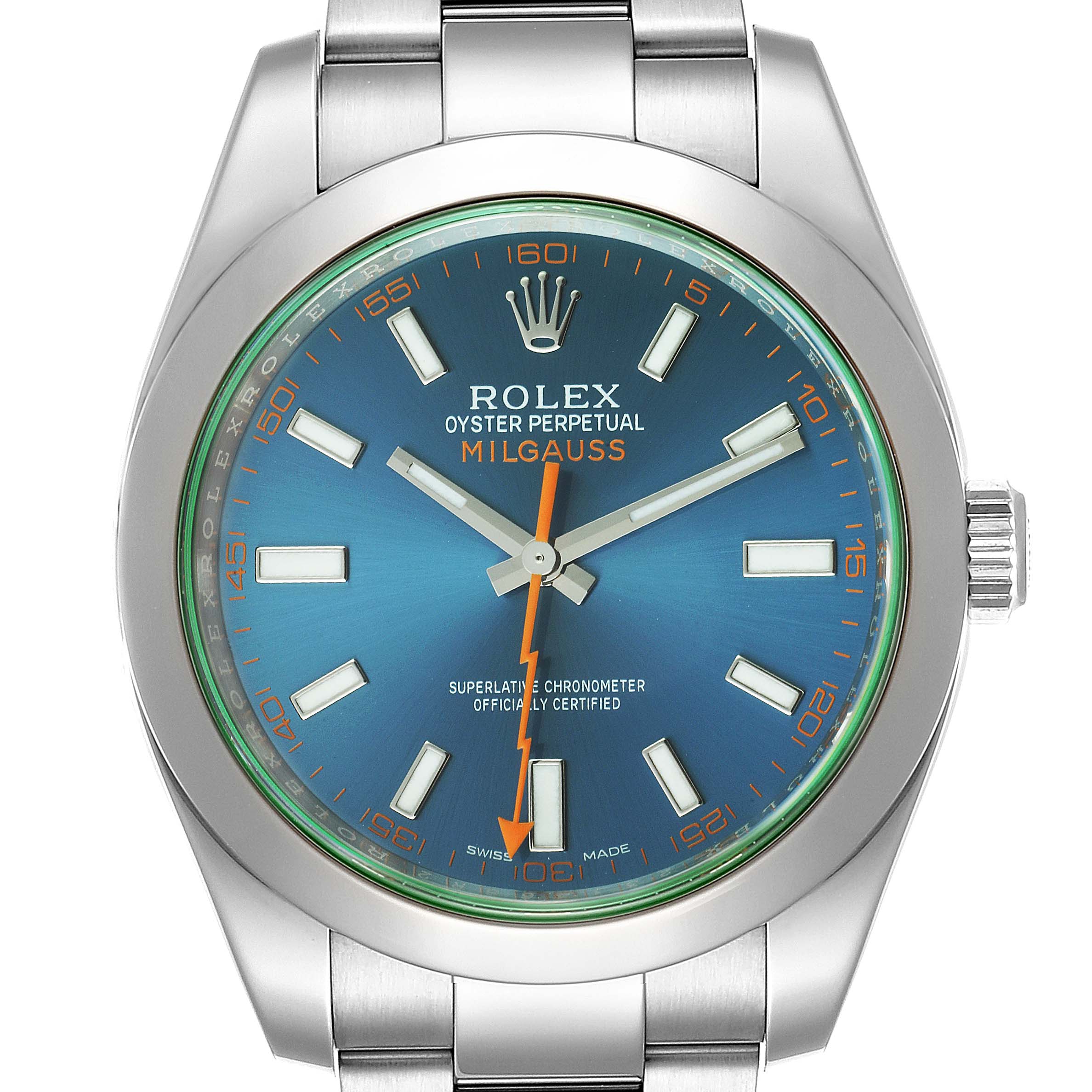 This is a front view of a Rolex Milgauss 116400GV Men
s Stainless Steel Blue Dial 116400GV Men
s Stainless Steel Blue Dial watch, showing the dial, hands, crown, and part of the bracelet.