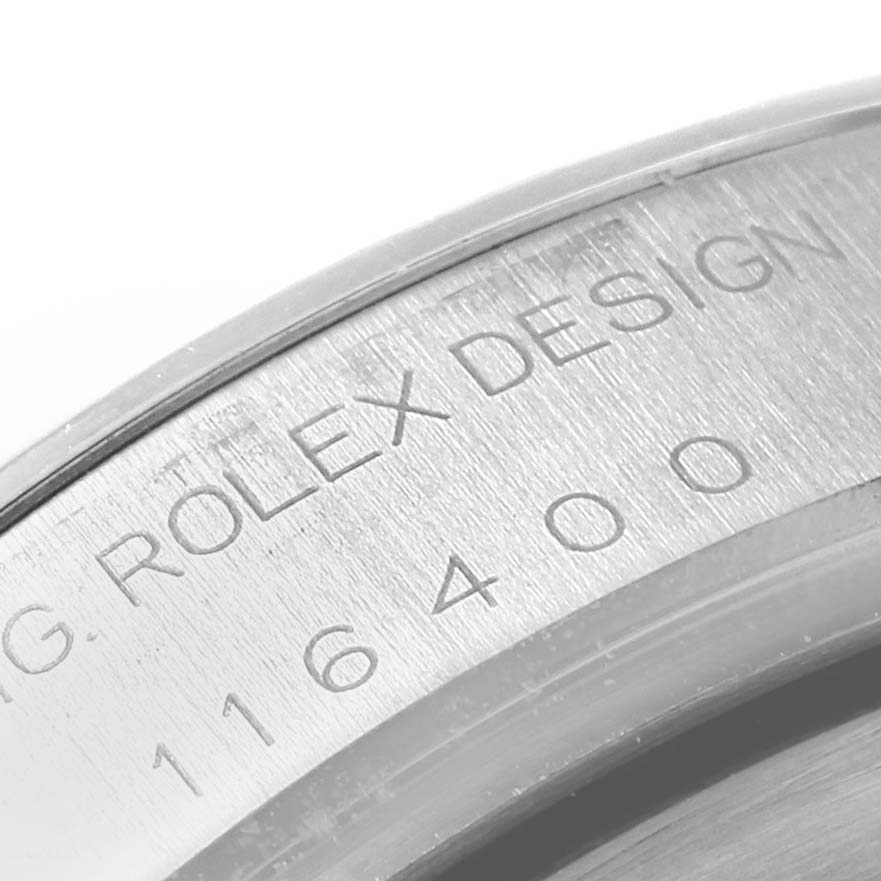 Close-up shot of the case side showing the engraved "Rolex Design" and part of the model number on the Rolex Milgauss 116400GV Men
s Stainless Steel Blue Dial 116400GV Men
s Stainless Steel Blue Dial.