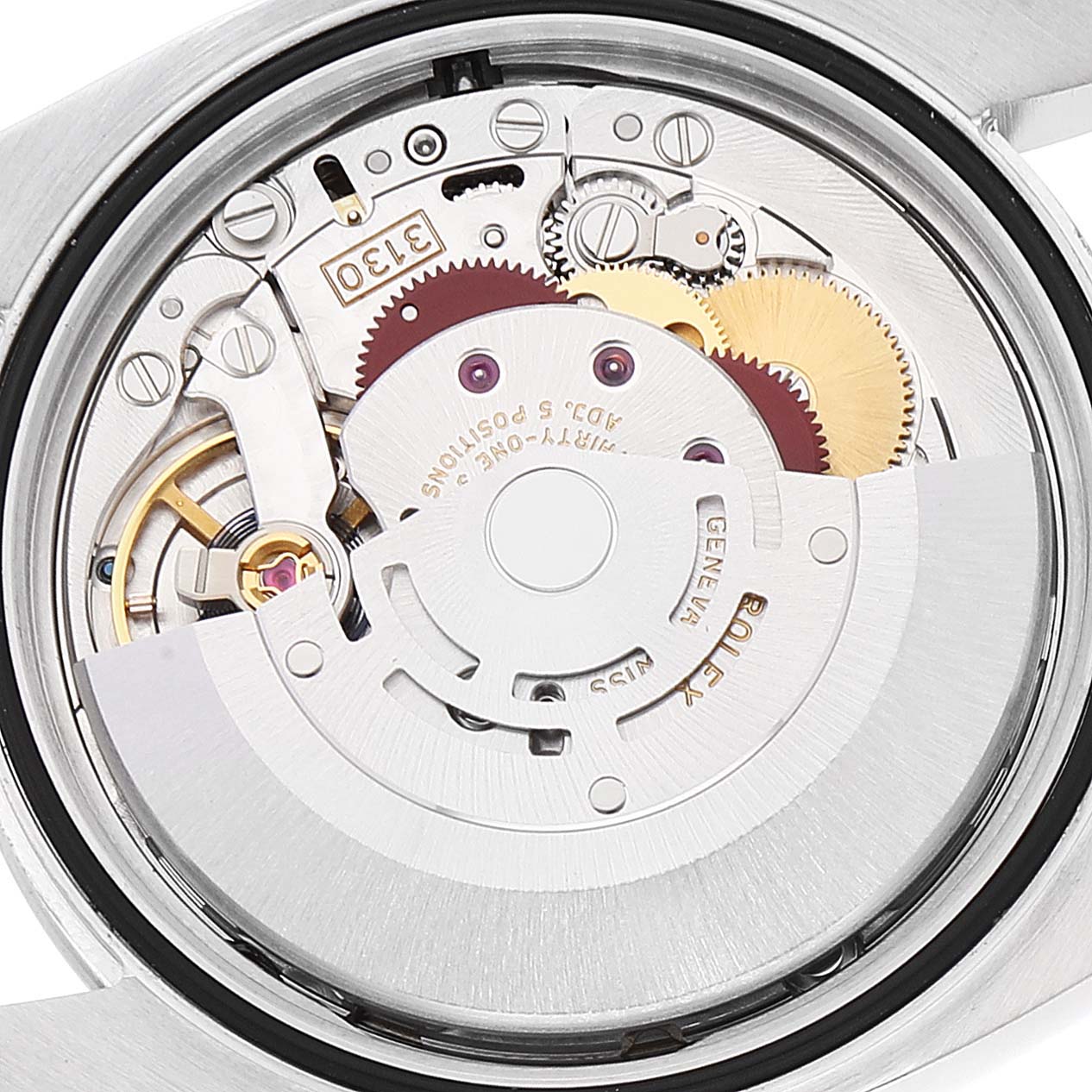 The image shows the internal mechanism of the Rolex Oyster Perpetual 116000 Men's Stainless Steel Blue Dial 116000 Men's Stainless Steel Blue Dial watch from a rear view angle.