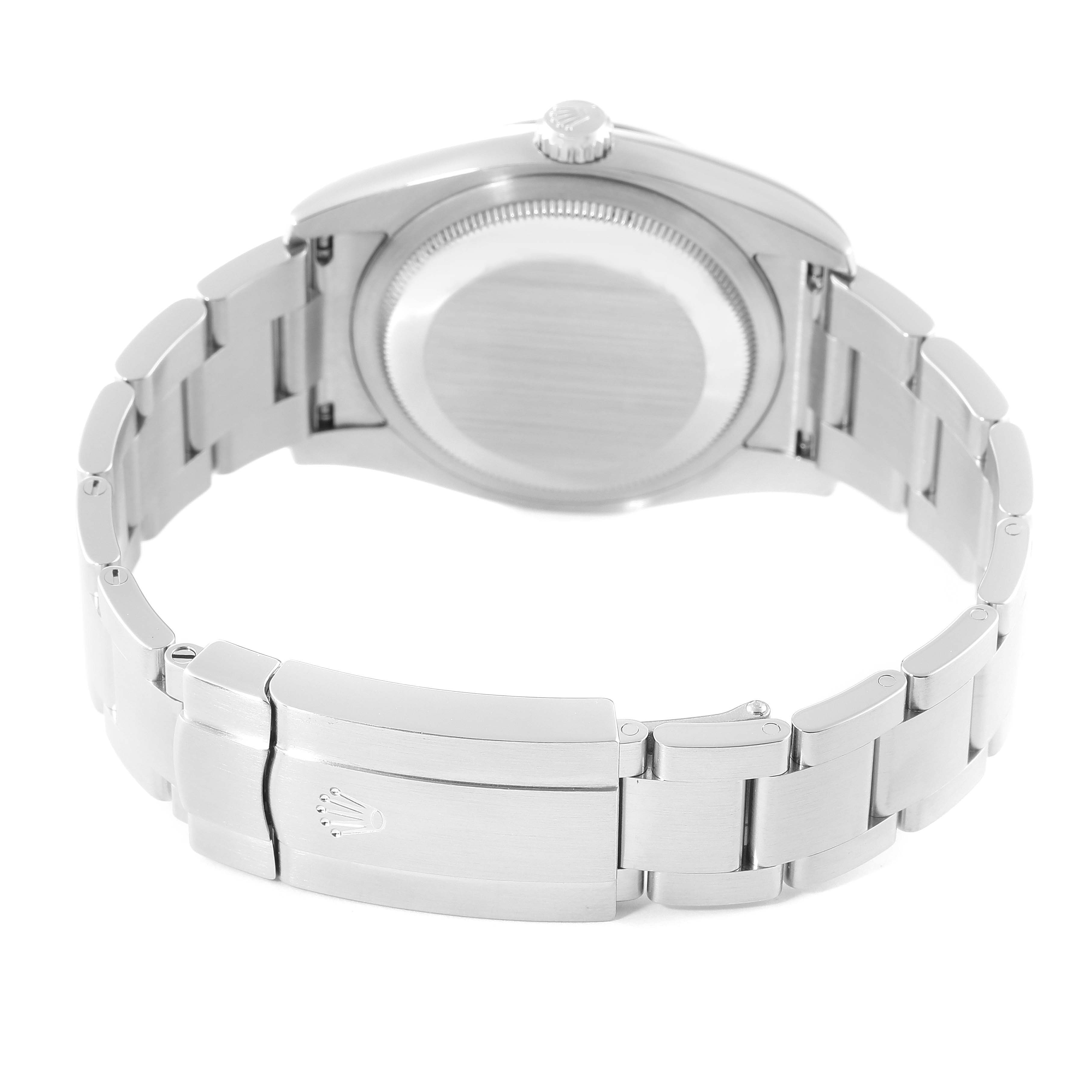 The image shows the back of the Rolex Oyster Perpetual 116000 Men's Stainless Steel Blue Dial 116000 Men's Stainless Steel Blue Dial watch and its metal bracelet, highlighting the clasp and case back.