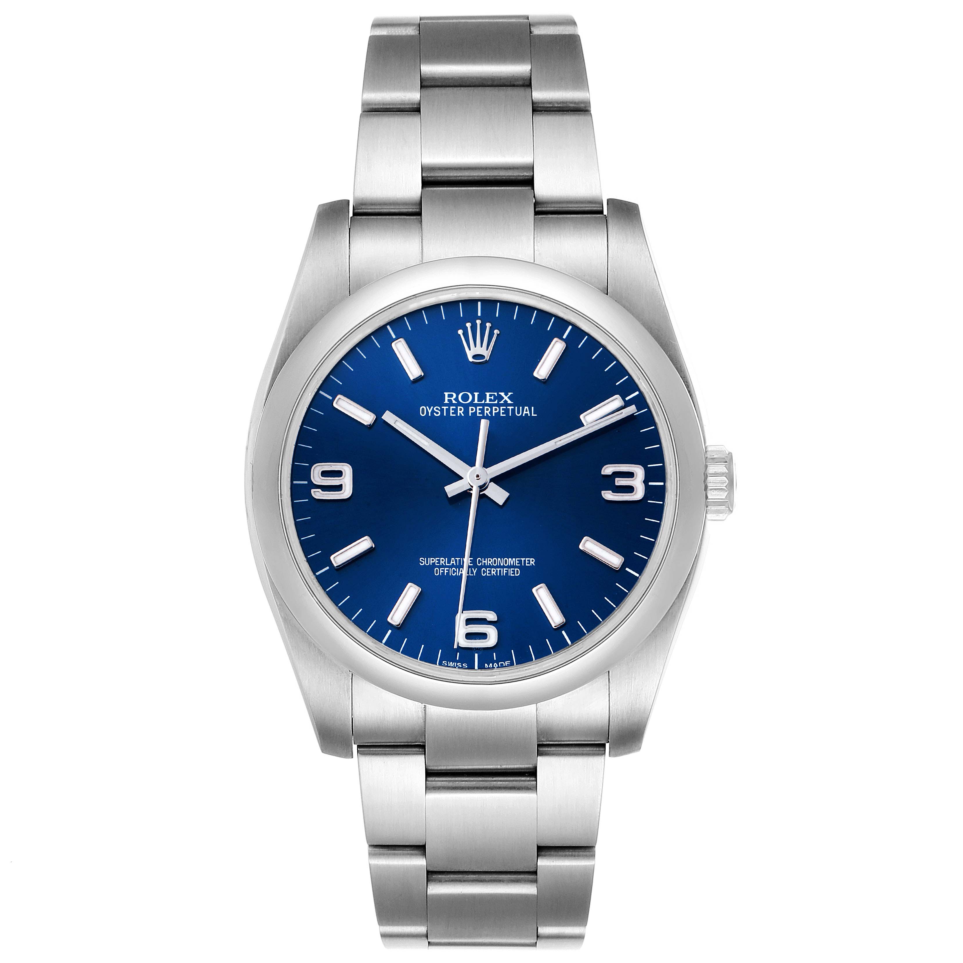 The image shows the front angle of the Rolex Oyster Perpetual 116000 Men's Stainless Steel Blue Dial 116000 Men's Stainless Steel Blue Dial watch, highlighting its dial, case, and bracelet.