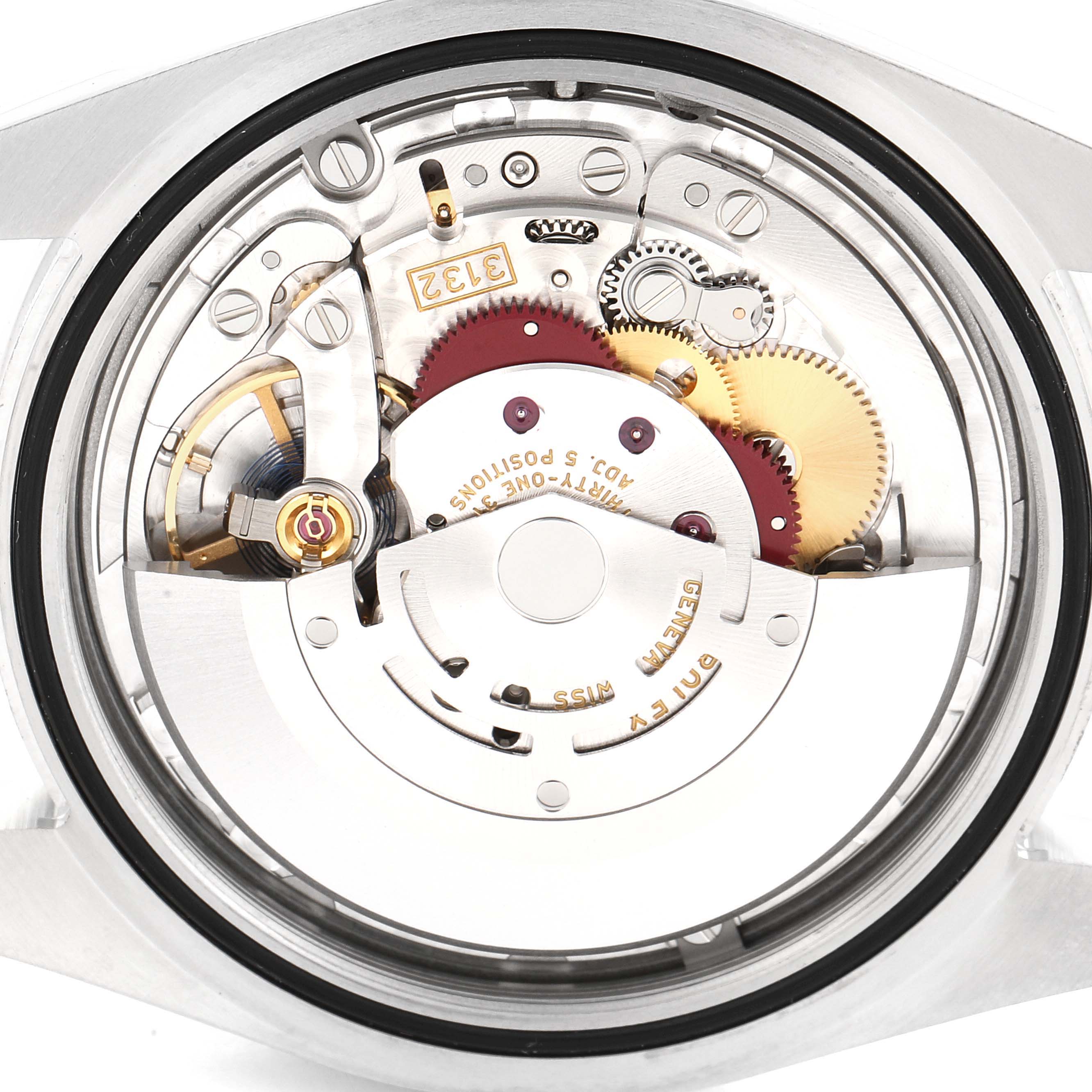 This image shows the inner mechanical movement of a Rolex Oyster Perpetual 114300 Men's Stainless Steel Grey Dial 114300 Men's Stainless Steel Grey Dial watch from a straight-down angle.