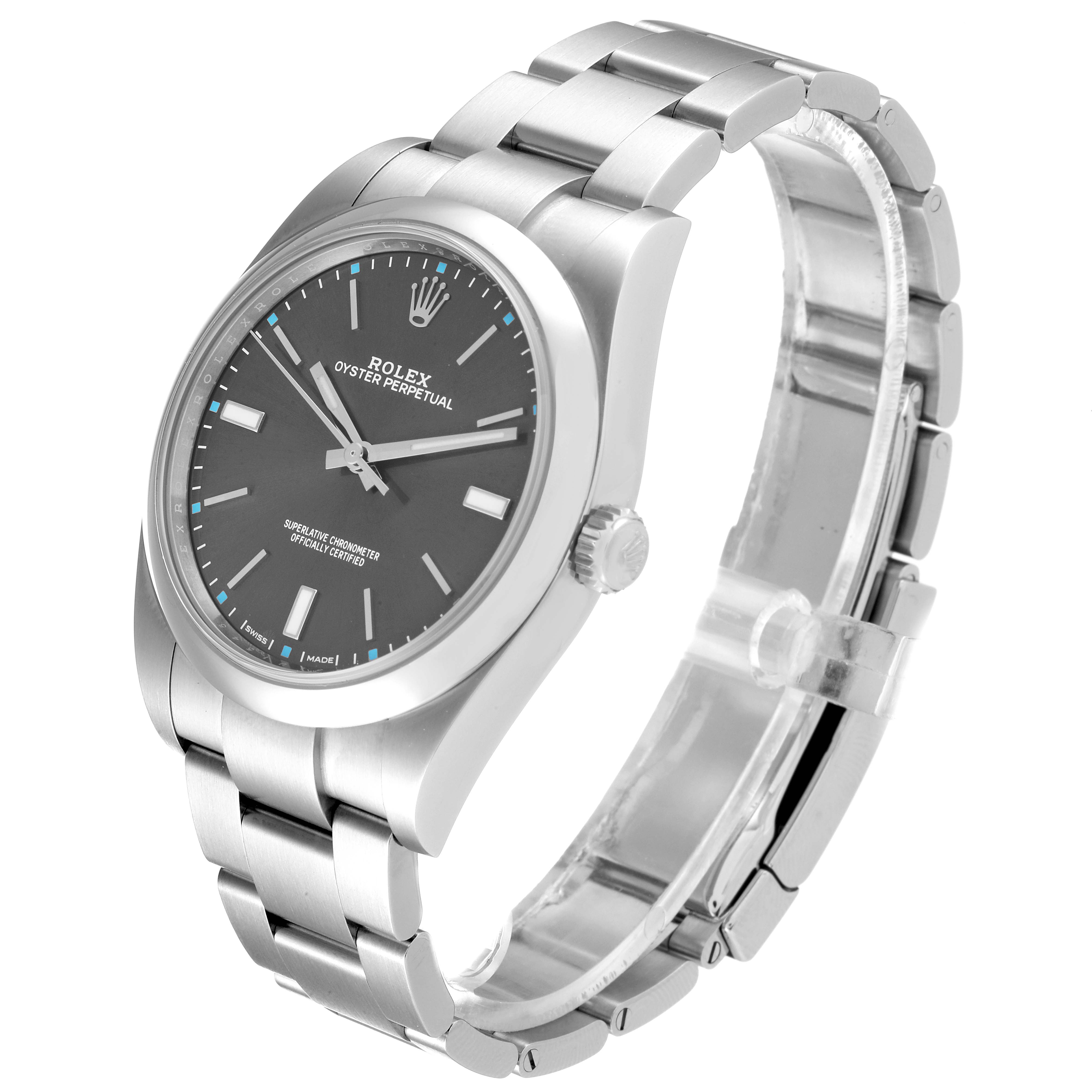 This image shows a Rolex Oyster Perpetual 114300 Men's Stainless Steel Grey Dial 114300 Men's Stainless Steel Grey Dial watch at a slight side angle, highlighting the face, bezel, bracelet, and crown.