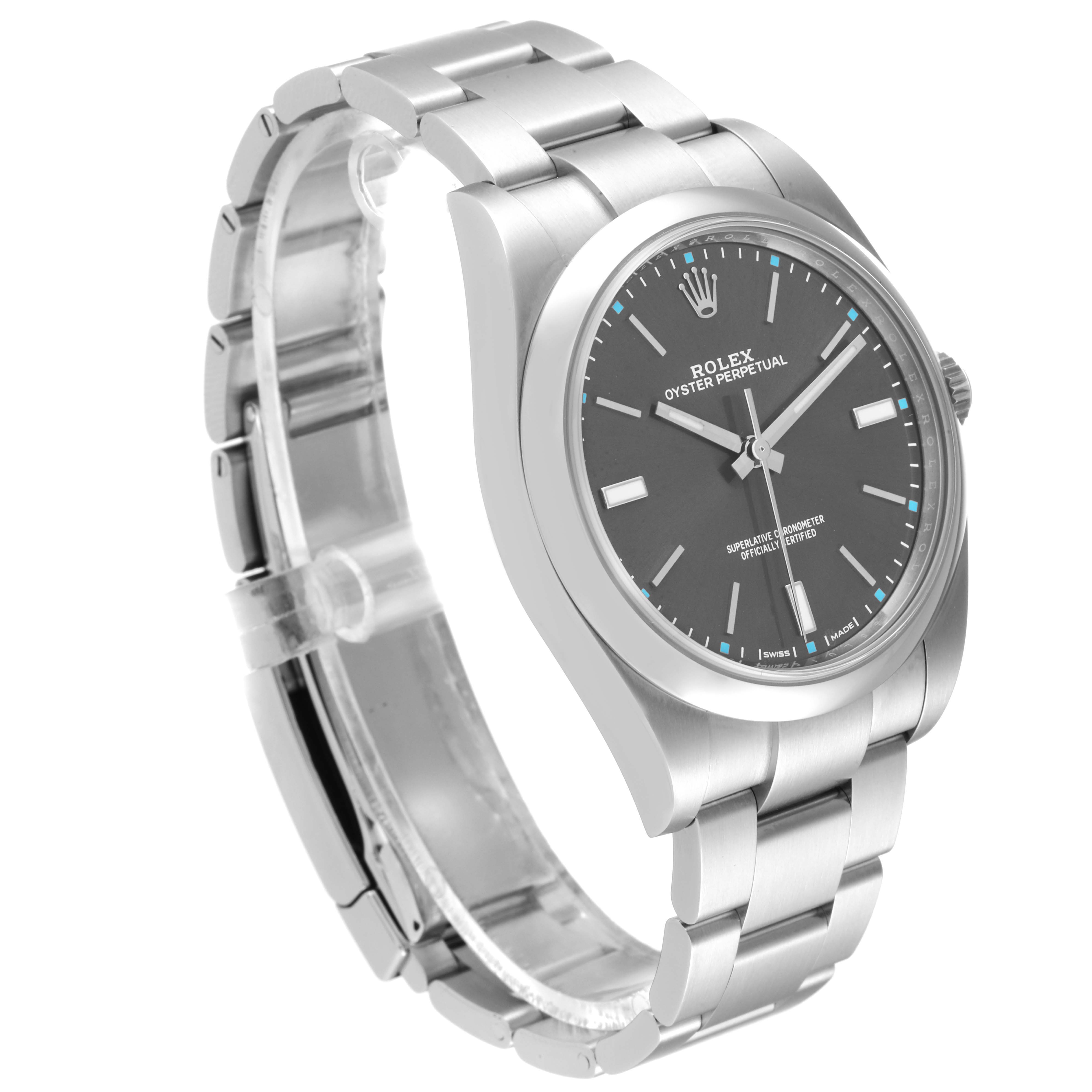 The image shows a Rolex Oyster Perpetual 114300 Men's Stainless Steel Grey Dial 114300 Men's Stainless Steel Grey Dial watch at a three-quarter angle, displaying the face, bezel, and bracelet.