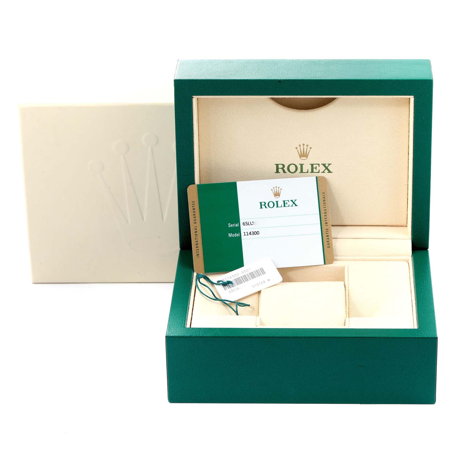 The image shows a Rolex Oyster Perpetual 114300 Men's Stainless Steel Grey Dial 114300 Men's Stainless Steel Grey Dial model watch box, warranty card, and tags.