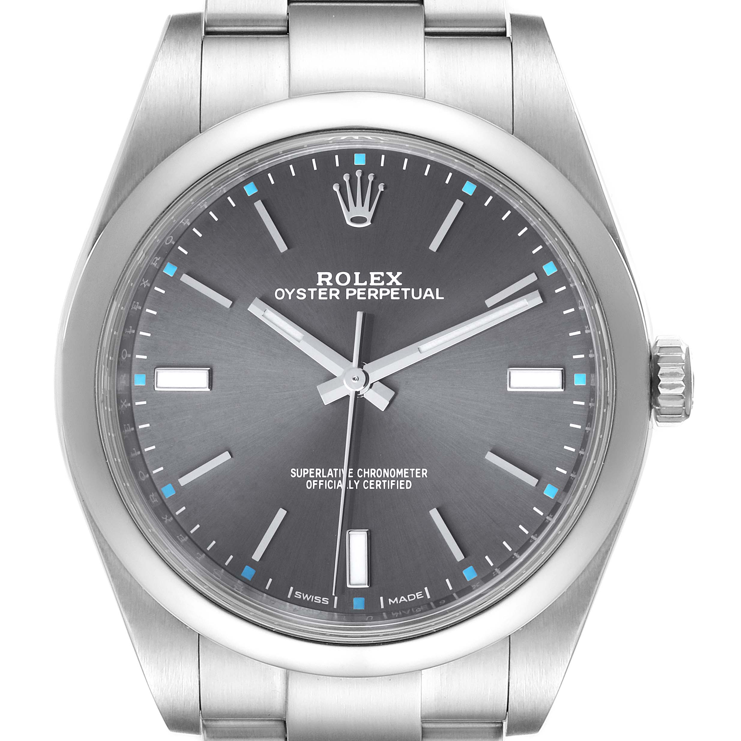 The Rolex Oyster Perpetual 114300 Men's Stainless Steel Grey Dial 114300 Men's Stainless Steel Grey Dial watch is shown from the front, displaying its face, bezel, hands, and part of the bracelet.