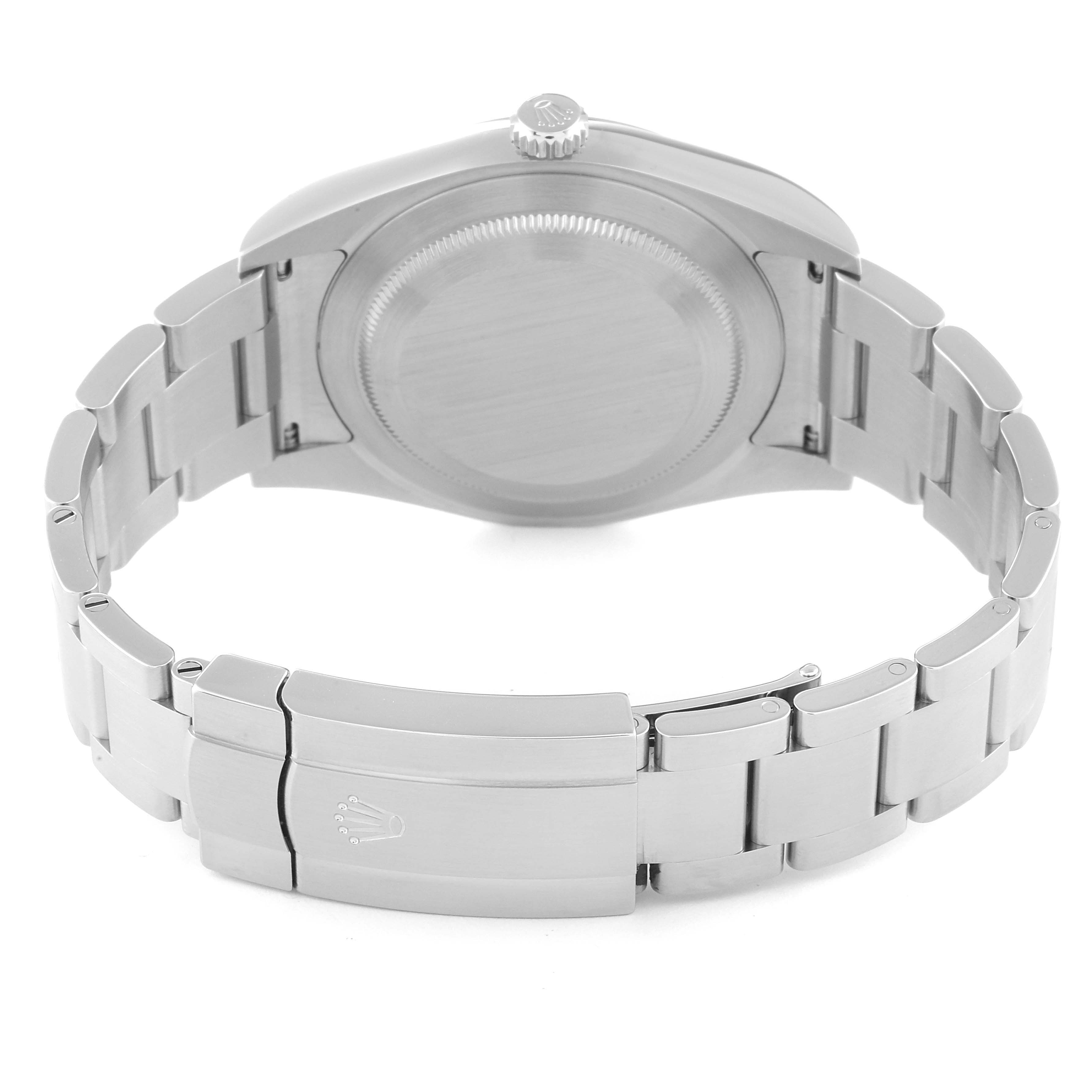 This image shows the back view of a Rolex Oyster Perpetual 114300 Men's Stainless Steel Grey Dial 114300 Men's Stainless Steel Grey Dial watch, highlighting the bracelet and clasp.