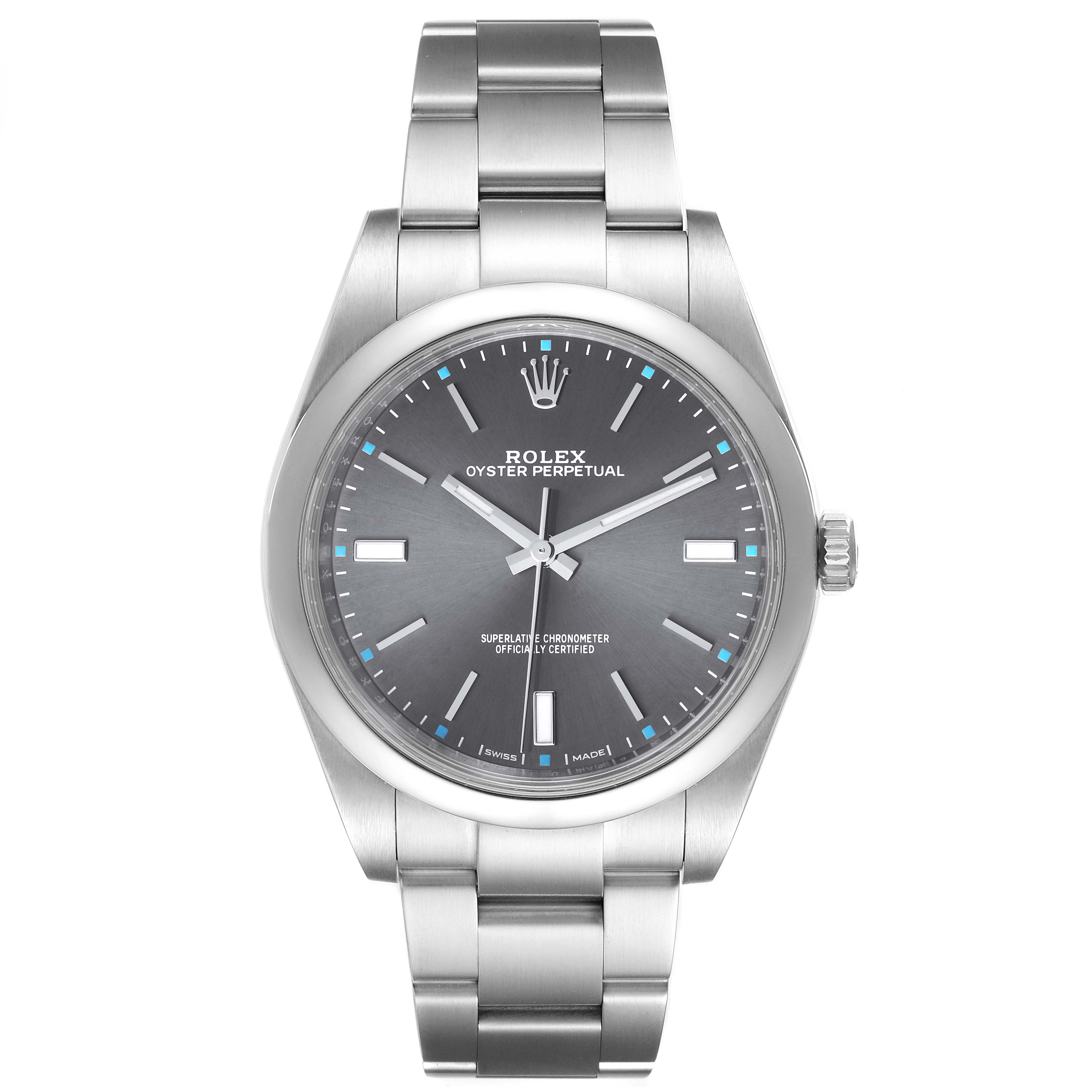 This is a front view of a Rolex Oyster Perpetual 114300 Men's Stainless Steel Grey Dial 114300 Men's Stainless Steel Grey Dial watch, showing the face, bezel, case, bracelet, and crown.