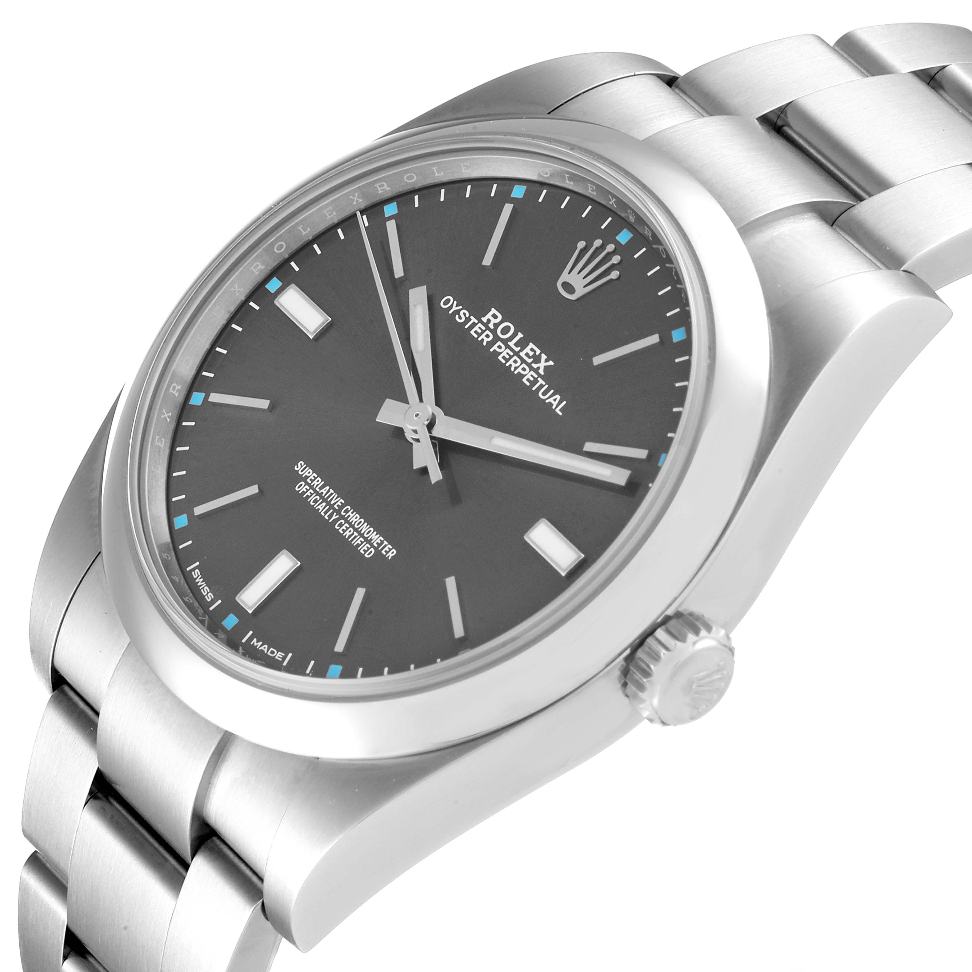 The image shows a side and partial top view of a Rolex Oyster Perpetual 114300 Men's Stainless Steel Grey Dial 114300 Men's Stainless Steel Grey Dial watch, displaying its face, crown, and bracelet.