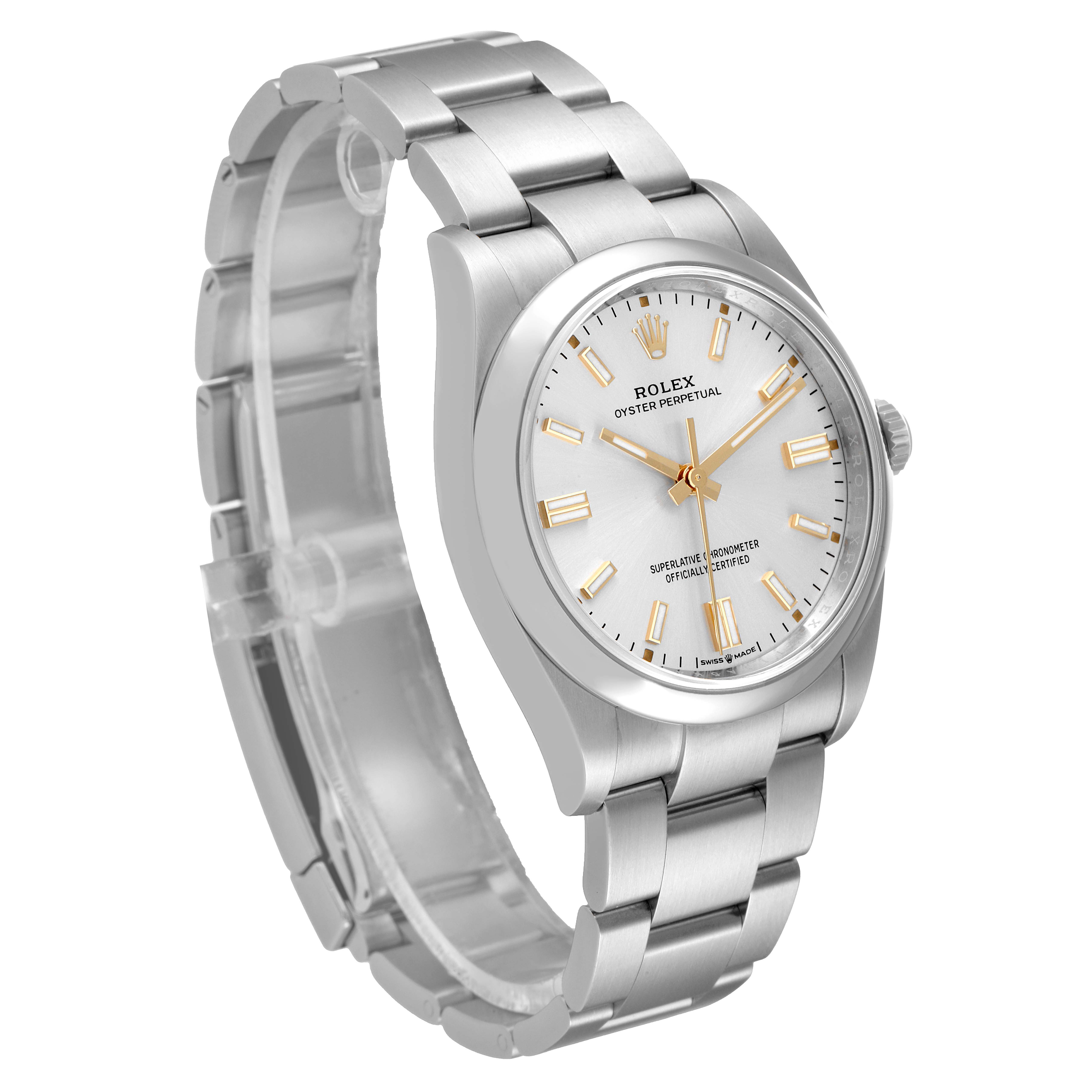 The image shows a Rolex Oyster Perpetual 126000 Men's Stainless Steel Silver Dial 126000 Men's Stainless Steel Silver Dial watch from an angled front view, displaying the dial, bezel, and bracelet.