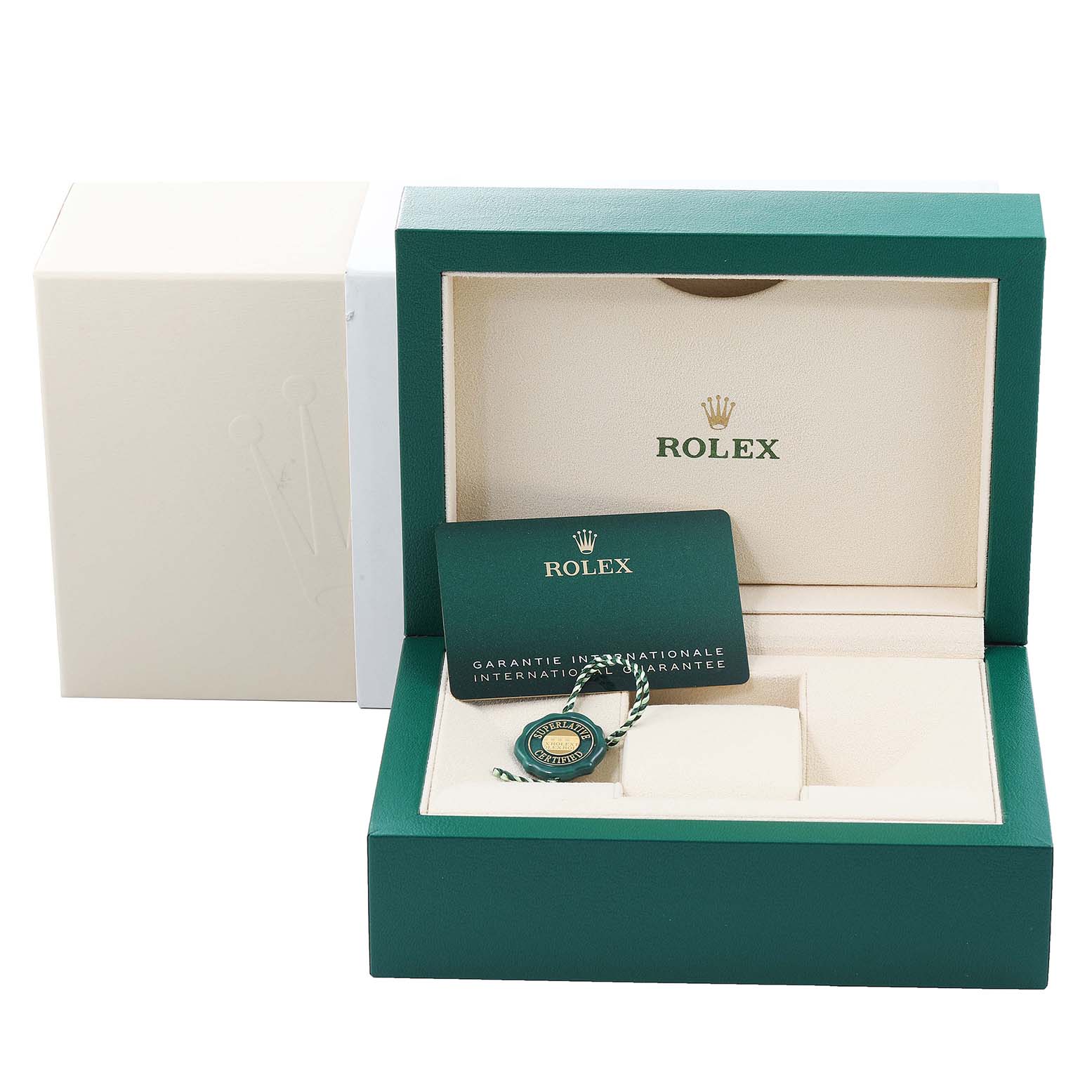 The image shows the packaging of a Rolex Oyster Perpetual 126000 Men's Stainless Steel Silver Dial 126000 Men's Stainless Steel Silver Dial watch, including the box, warranty card, and tag.