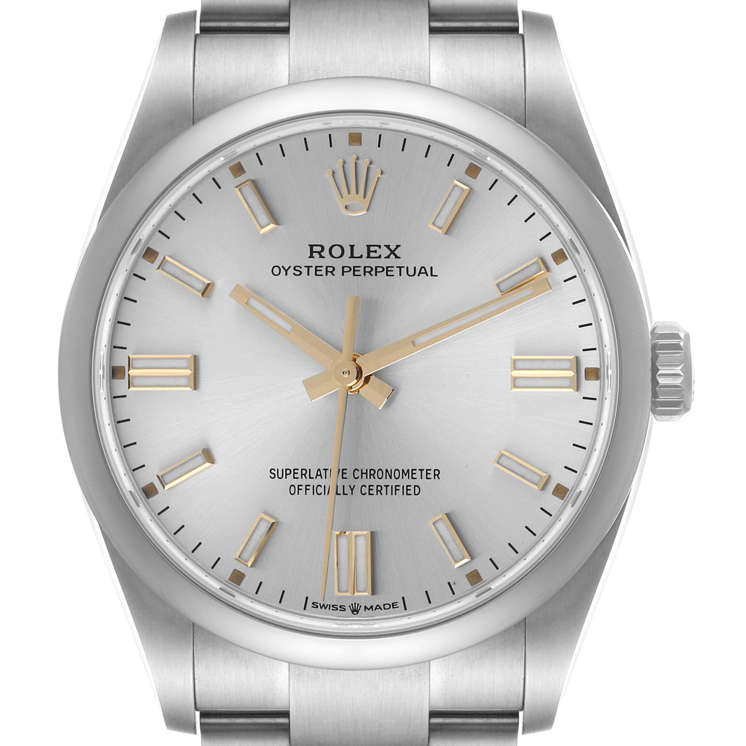 The image shows a front view of a Rolex Oyster Perpetual 126000 Men's Stainless Steel Silver Dial 126000 Men's Stainless Steel Silver Dial watch, highlighting the dial, hour markers, hands, and part of the bracelet.