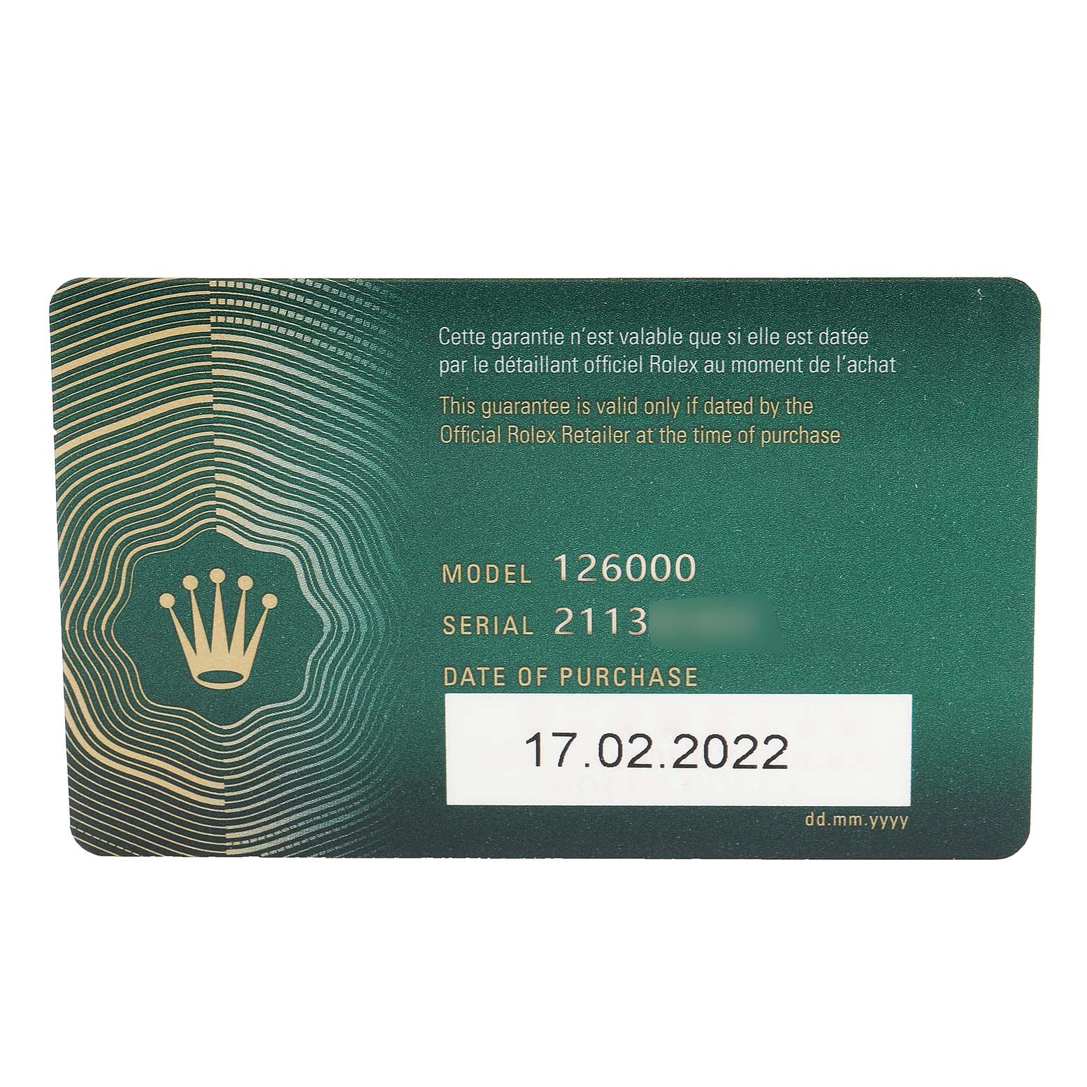This image shows a warranty card for the Rolex Oyster Perpetual 126000 Men's Stainless Steel Silver Dial 126000 Men's Stainless Steel Silver Dial model 126000.