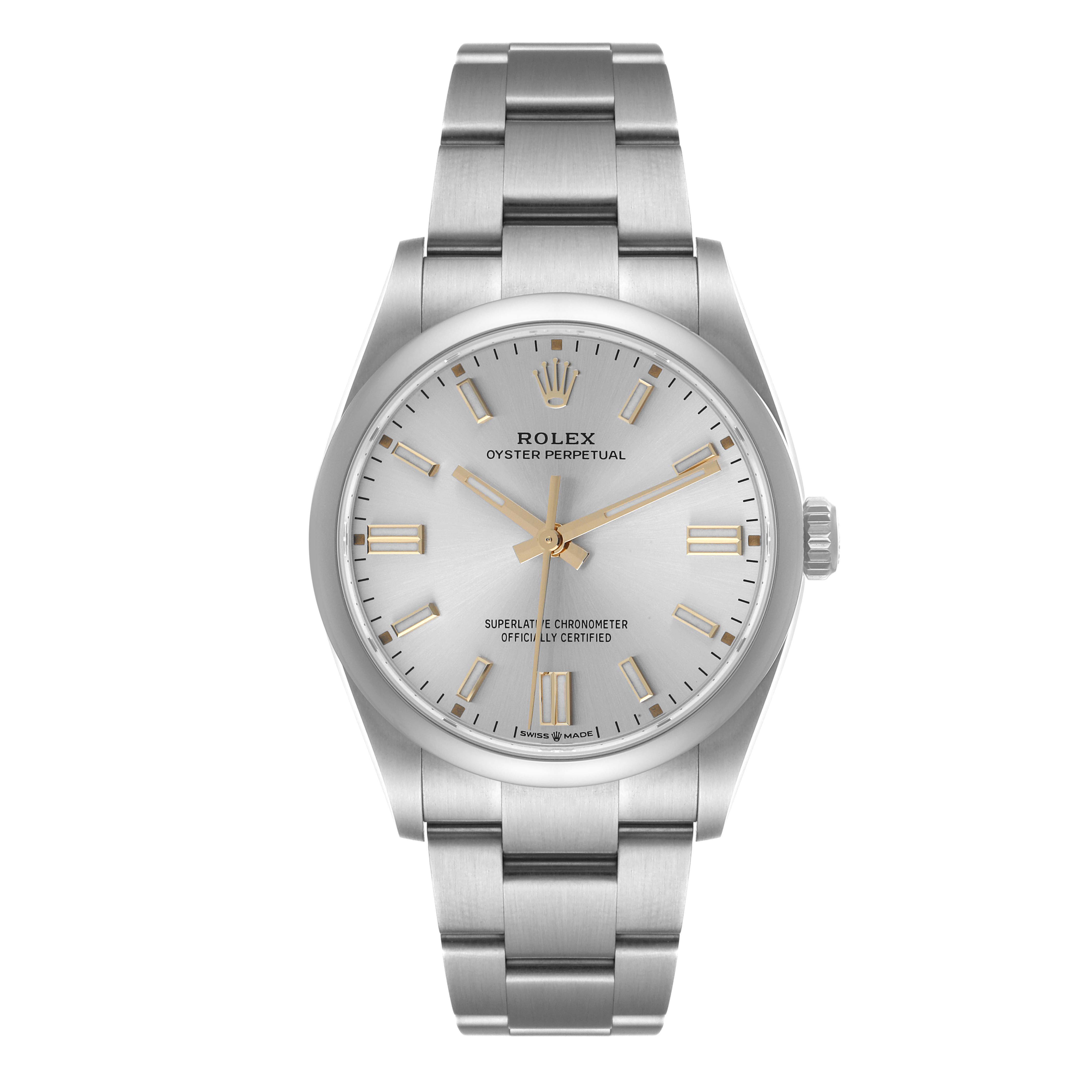 This is a Rolex Oyster Perpetual 126000 Men's Stainless Steel Silver Dial 126000 Men's Stainless Steel Silver Dial watch shown from the front, displaying the dial, bracelet, and crown.