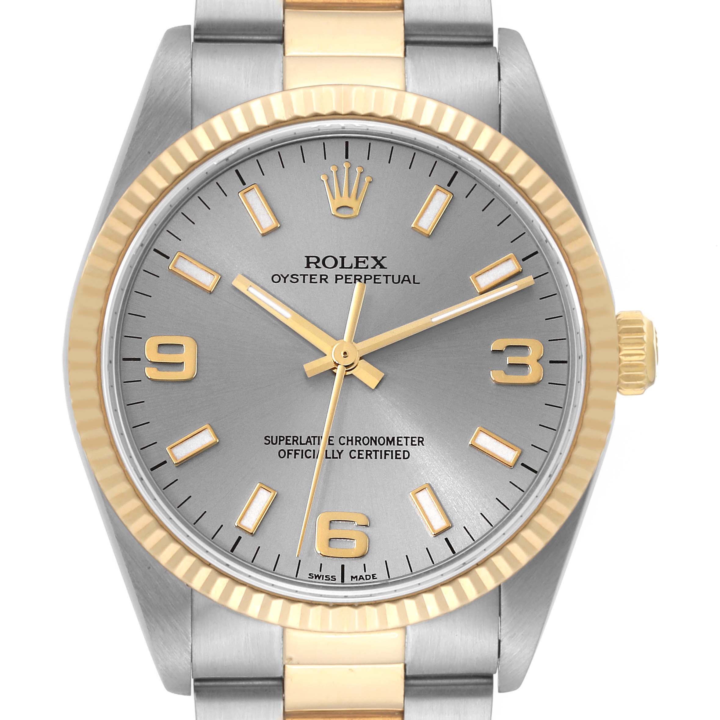 This image shows the front view of the Rolex Oyster Perpetual 14233 Men's Steel and Gold (two tone) Grey Dial 14233 Men's Steel and Gold (two tone) Grey Dial watch, featuring the dial, hands, markers, and part of the bracelet.