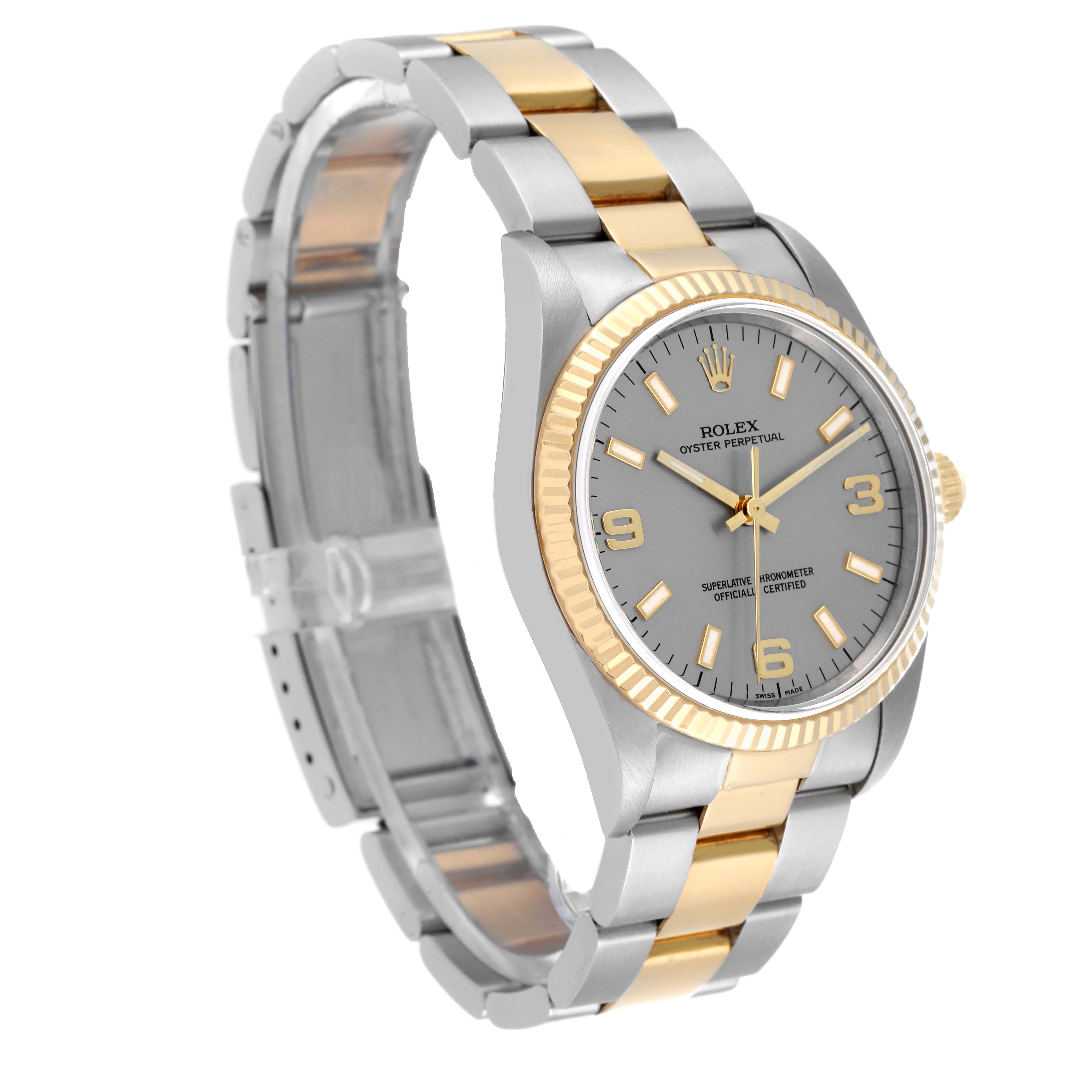The image shows a Rolex Oyster Perpetual 14233 Men's Steel and Gold (two tone) Grey Dial 14233 Men's Steel and Gold (two tone) Grey Dial watch at a three-quarter angle, highlighting the bracelet, dial, and bezel.