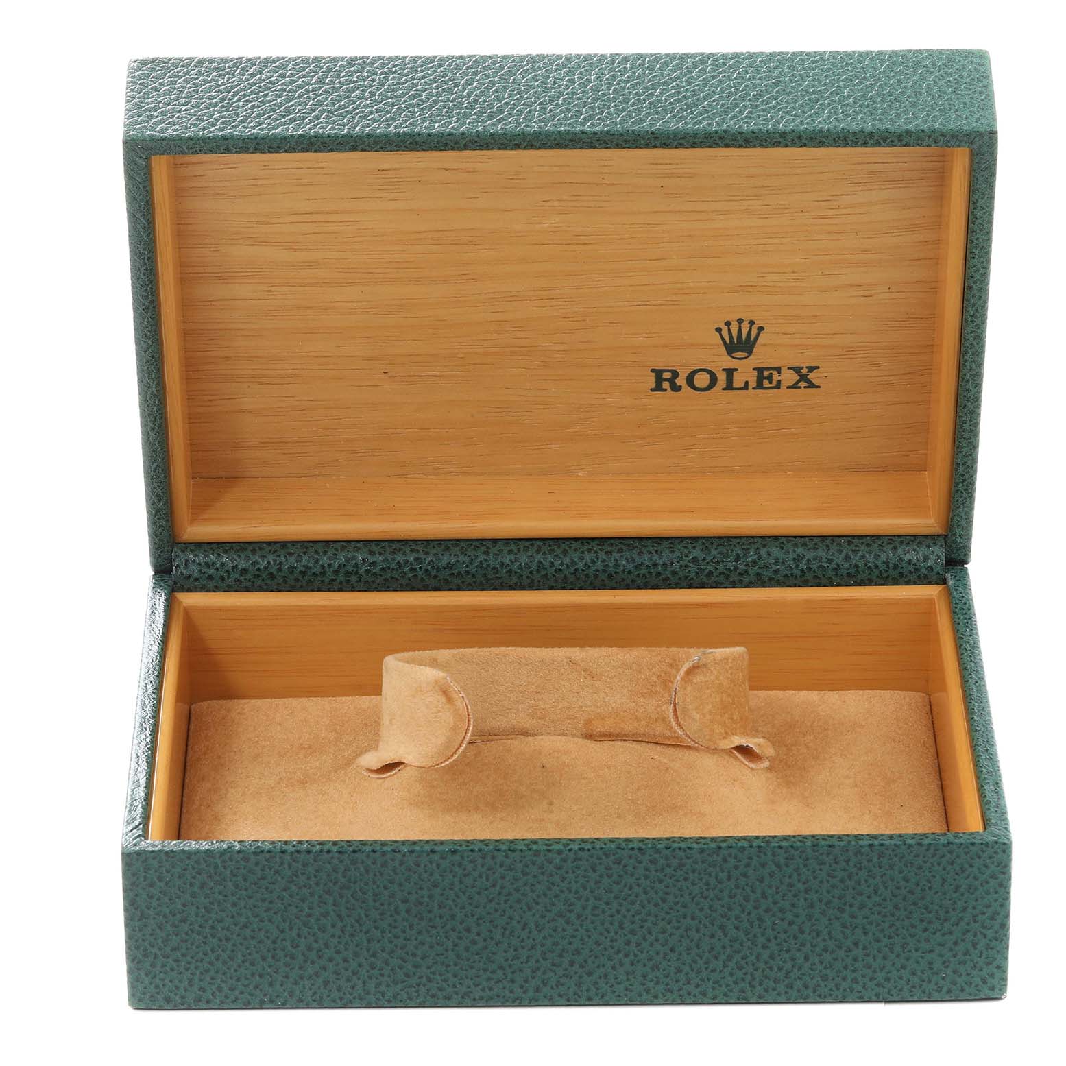 An open Rolex box for the Oyster Perpetual model is shown with a green exterior and wooden interior.