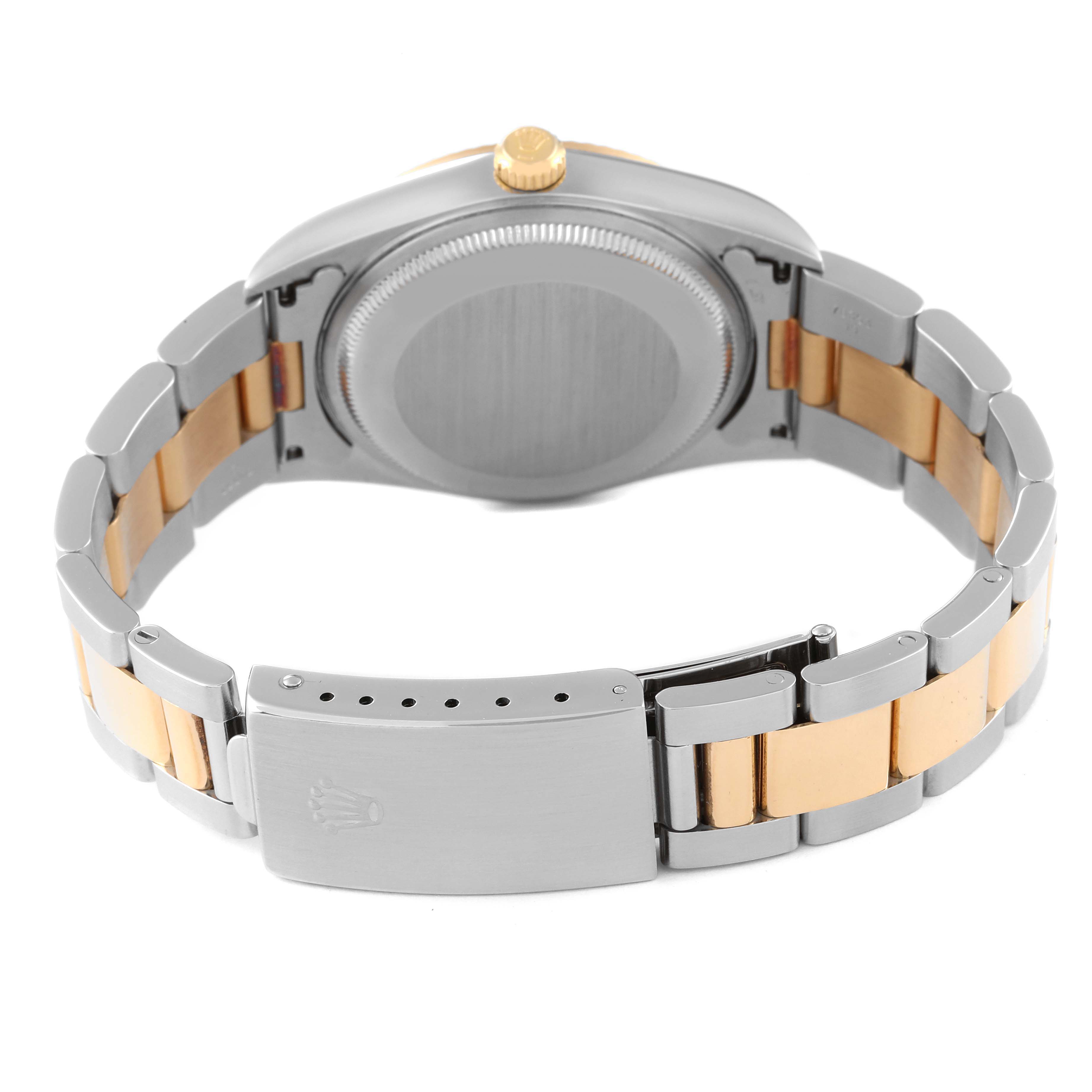 This image shows the back view of the Rolex Oyster Perpetual 14233 Men's Steel and Gold (two tone) Grey Dial 14233 Men's Steel and Gold (two tone) Grey Dial watch, including the bracelet and clasp.