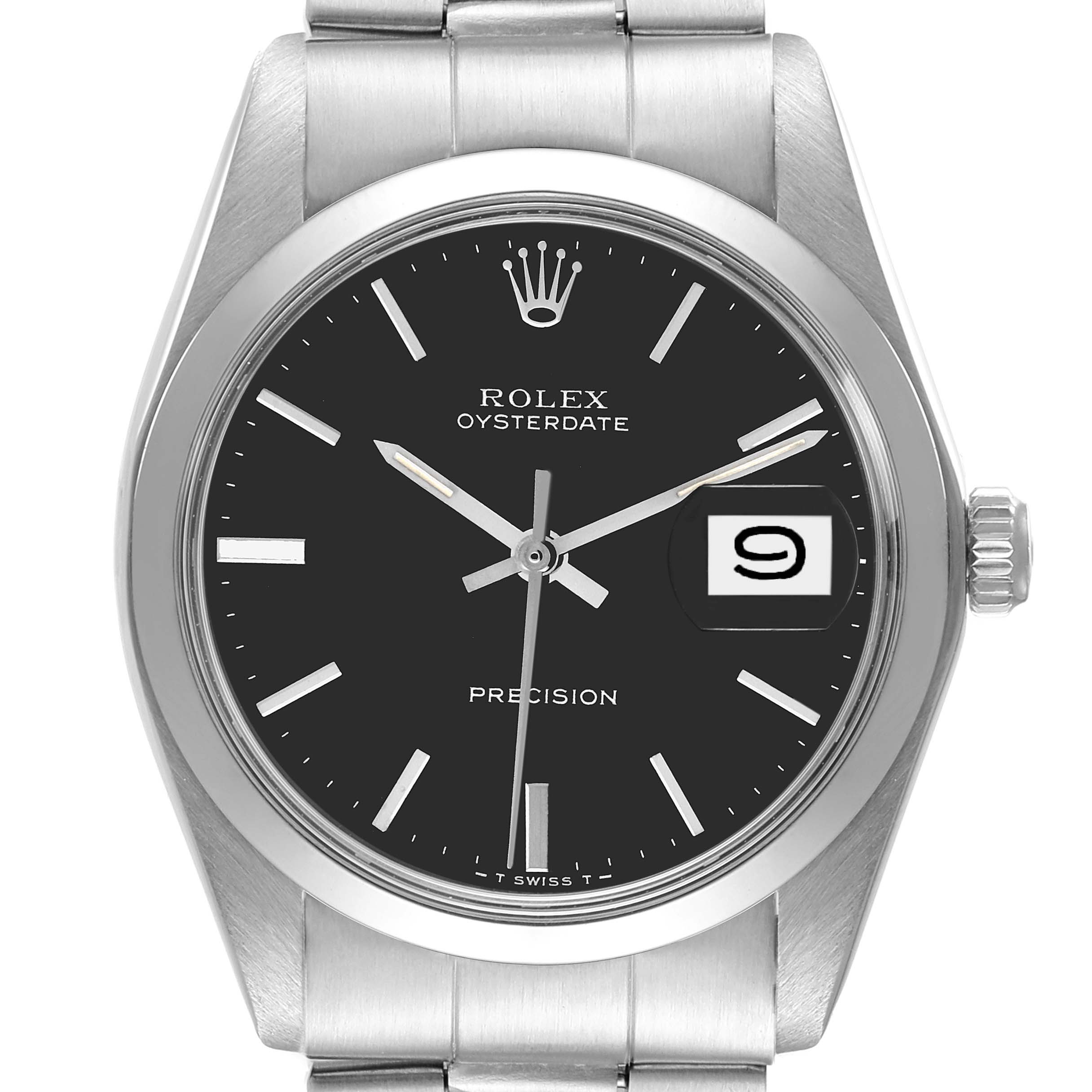The image shows a front view of a Rolex Vintage Collection 6694 Men's Stainless Steel Black Dial 6694 Men's Stainless Steel Black Dial Oysterdate Precision watch, including the dial, hands, date window, and part of the bracelet.