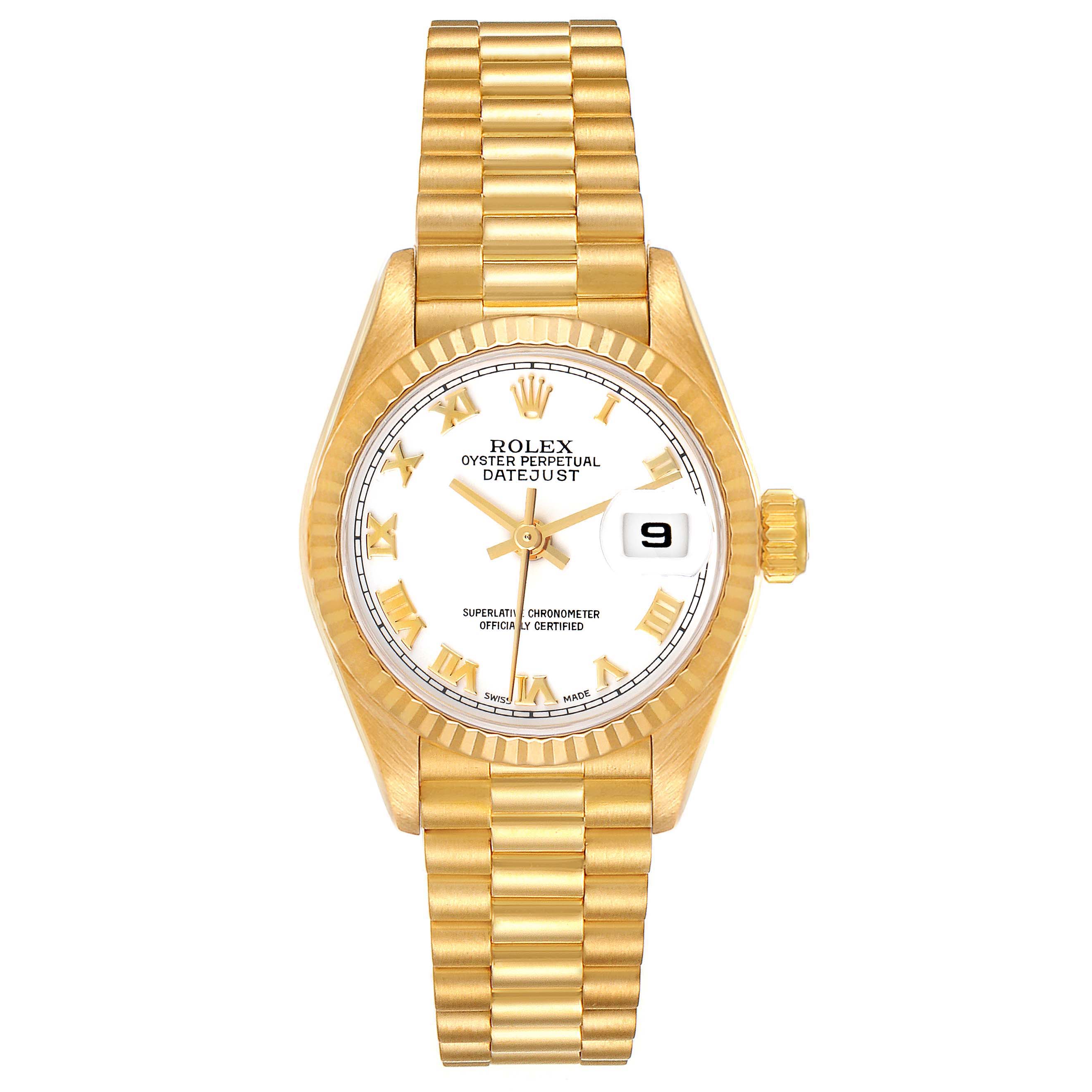 The image shows a front view of a Rolex President 69178 Women
s Yellow Gold White Dial 69178 Women
s Yellow Gold White Dial model watch, displaying the face, bezel, and bracelet.