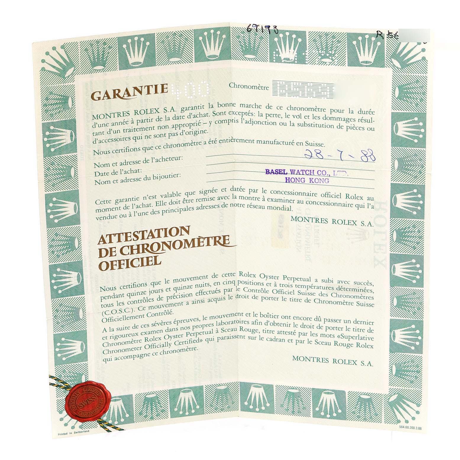 The image shows the warranty and official chronometer certification for the Rolex President 69178 Women
s Yellow Gold White Dial 69178 Women
s Yellow Gold White Dial model.