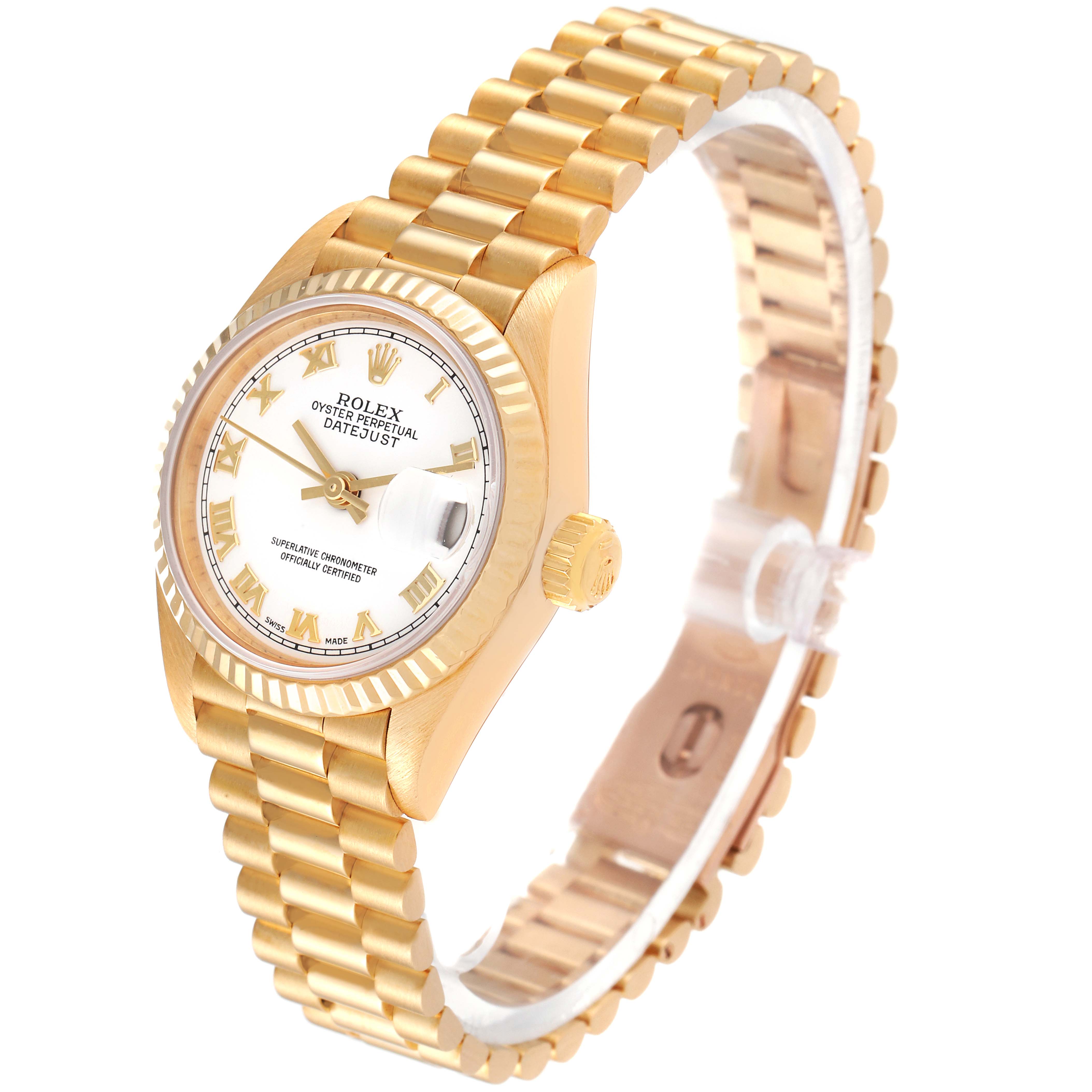The Rolex President 69178 Women
s Yellow Gold White Dial 69178 Women
s Yellow Gold White Dial model watch is shown at an angled side view, displaying its gold bracelet, case, and face.