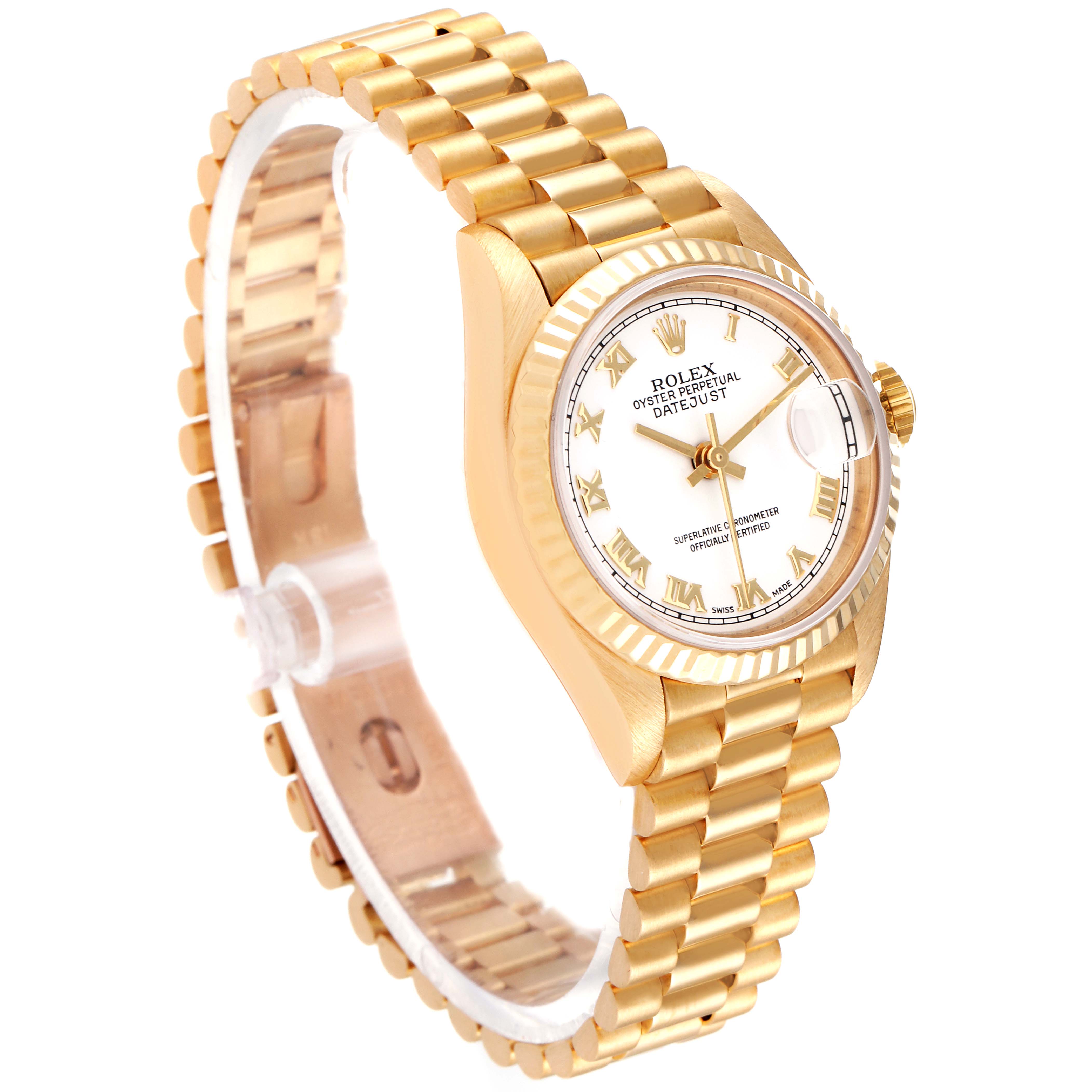 The image shows a side angle of the Rolex President 69178 Women
s Yellow Gold White Dial 69178 Women
s Yellow Gold White Dial model watch, highlighting the gold bracelet and white dial with Roman numerals.