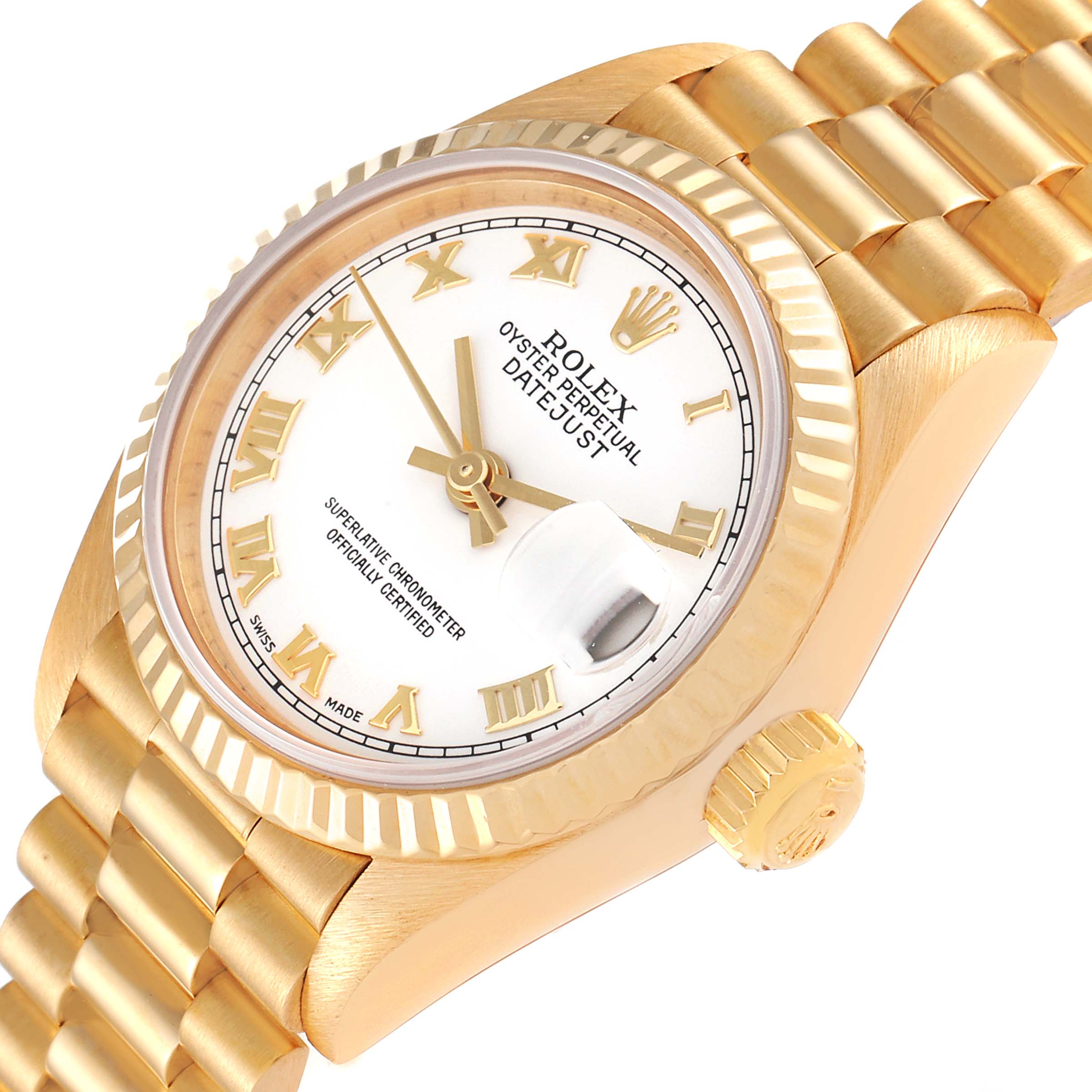 This image shows a side-angle view of the Rolex President 69178 Women
s Yellow Gold White Dial 69178 Women
s Yellow Gold White Dial model watch, highlighting the bracelet, crown, bezel, and dial.