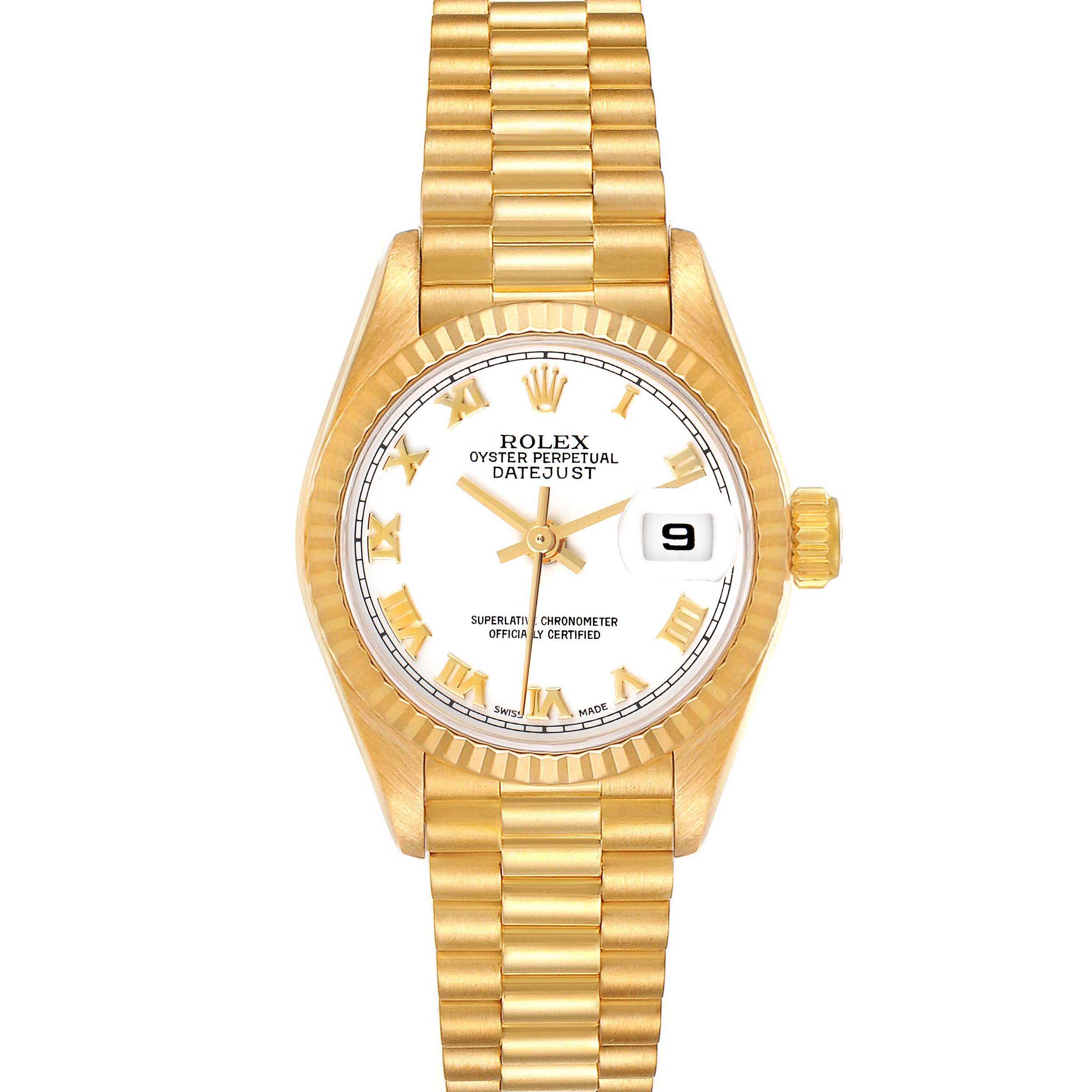 This is a front view of the Rolex President 69178 Women
s Yellow Gold White Dial 69178 Women
s Yellow Gold White Dial model Datejust, showing the watch dial, bezel, crown, and bracelet.