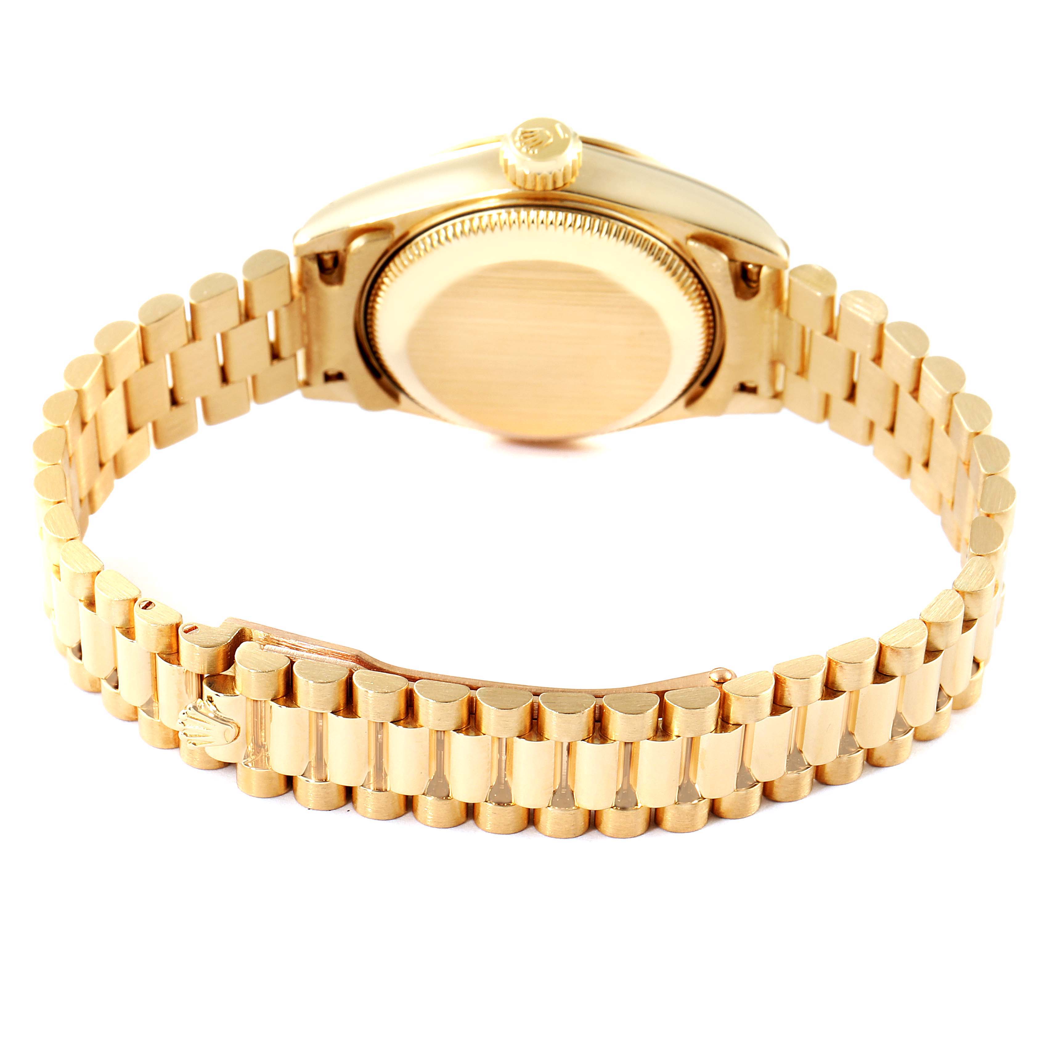 This Rolex President 69178 Women
s Yellow Gold White Dial 69178 Women
s Yellow Gold White Dial model watch is shown from the back, displaying the case back and the gold bracelet.