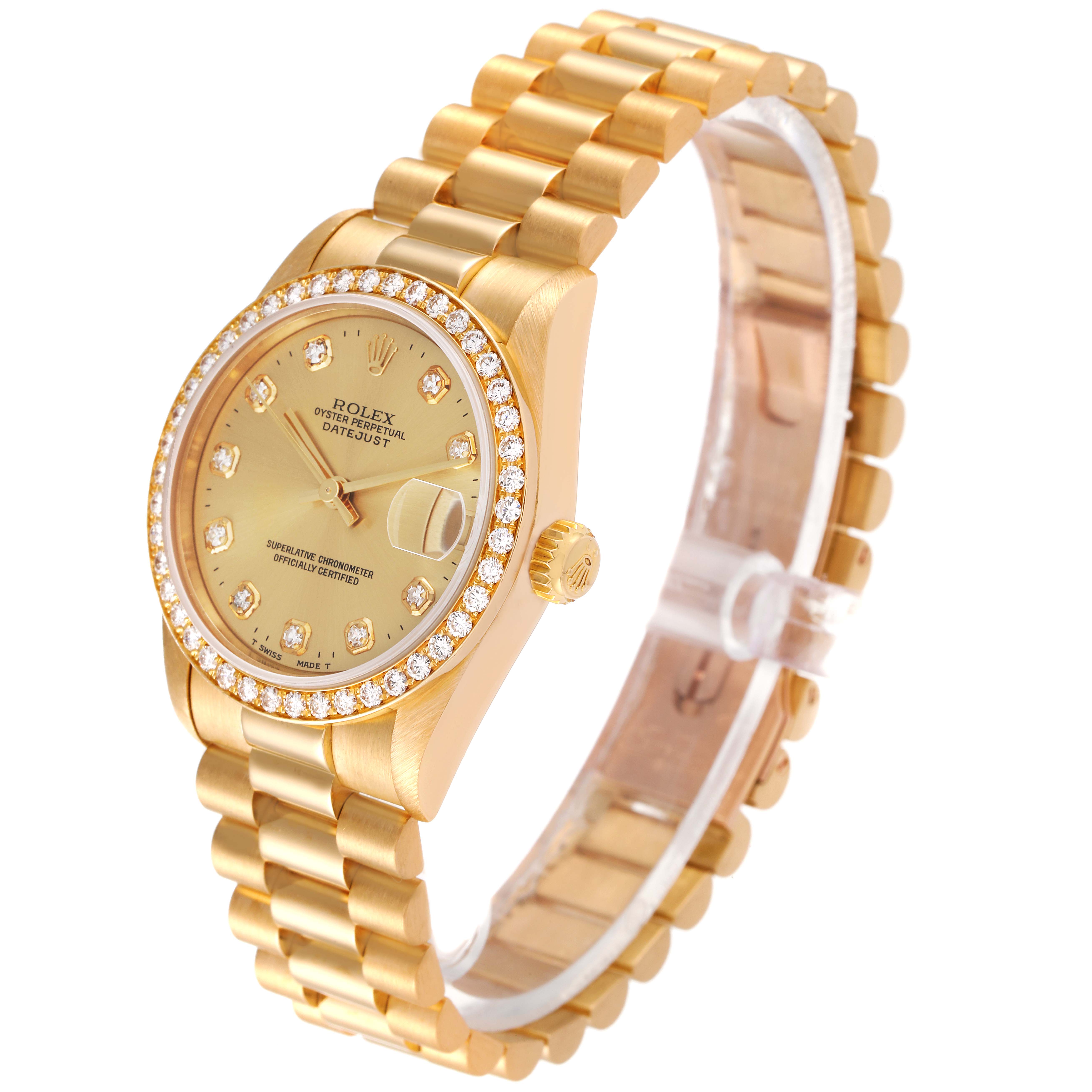 The image shows a Rolex President 68288 Women
s Yellow Gold Champagne Dial 68288 Women
s Yellow Gold Champagne Dial model watch at a three-quarter angle, featuring its gold bracelet and diamond-studded bezel and dial.
